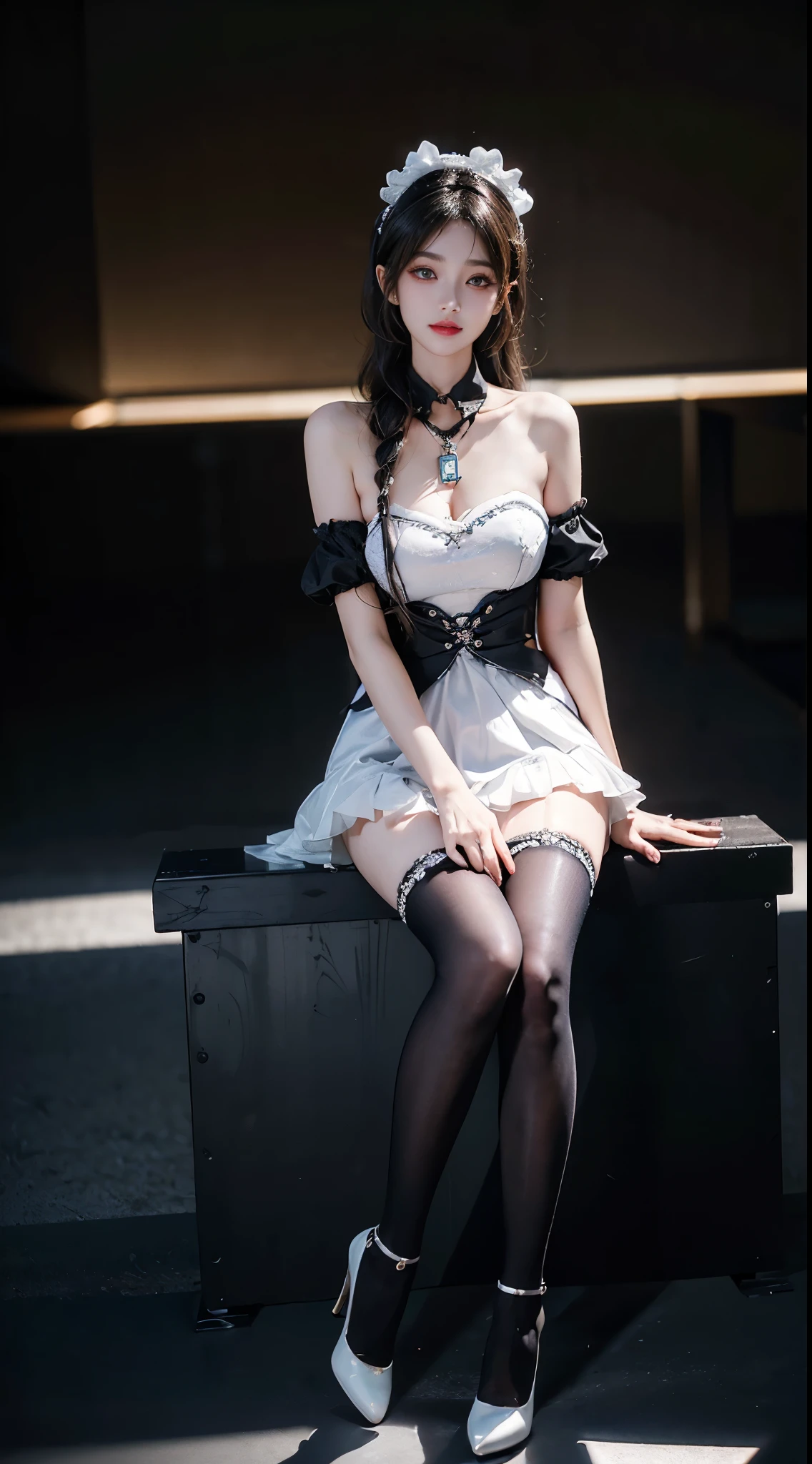 shinano cosplay costume, cosplay, thighhighs, high heels, see-through, fox tail, multiple tails, ((full body)), ((Shot from a random perspective)), ((sitting position)), ((in the classroom, Sit at the lectern)), (yushuxin,1girl,solo), clear face, pretty face, 8k, masterpiece, original photo, best quality, detail:1.2,lifelike, detail, Very detailed, CG, unified, wallpapers, depth of field, movie light, lens flare, Ray tracing, (extremely beautiful face, beautiful lips, beautiful eyes), intricate, detail的脸, ((ultra detailed skin)), 1 girl, in the darkness, deep shadow, beautiful korean girl, kpop idol,(Very slim figure:1.3), A plump chest, Large breasts, Slender sexy legs, Very nice legs, elegant posture, (bright smile), (City night, (neon lights), (night), beautiful korean girl, white diamond earrings, Diameter bracelet, Dia necklace, clear eyes, (big eyes)