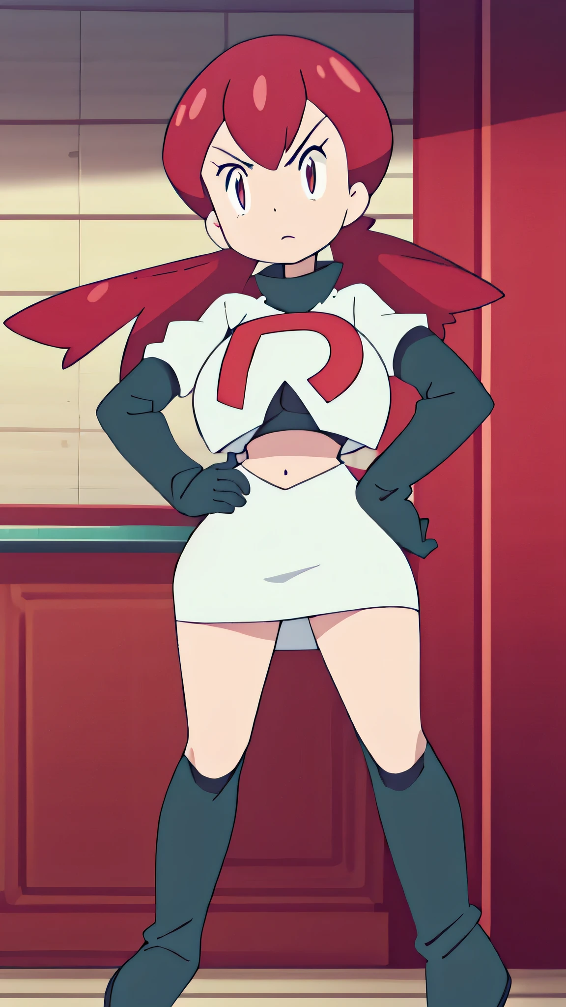 1girl in, (Solo:1.2), (Perfect body:1.1), (Best Quality:1.1), , very large breast, hands on hip,team rocket uniform, red letter r, white skirt,white crop top,black thigh-high boots, black elbow gloves, glaring angrily, looking at viewer, hands on hips, full body seen