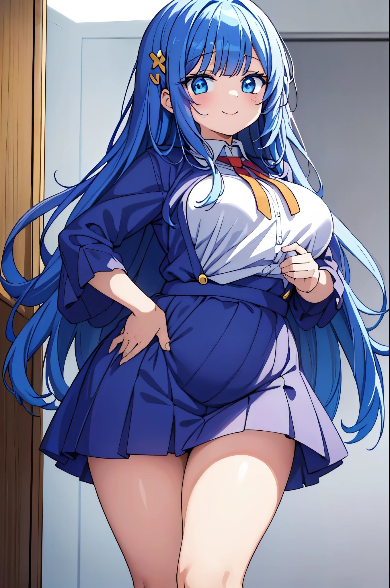 Anime Girl, dress ,Hair Clips, smile, hourglas shape, early twenties, really thicc thighs, thicc calves, really small breasts, confident, apartment setting,  Long Blue Hair, thicc, a bit chubby, small chubby stomach, pretty tall