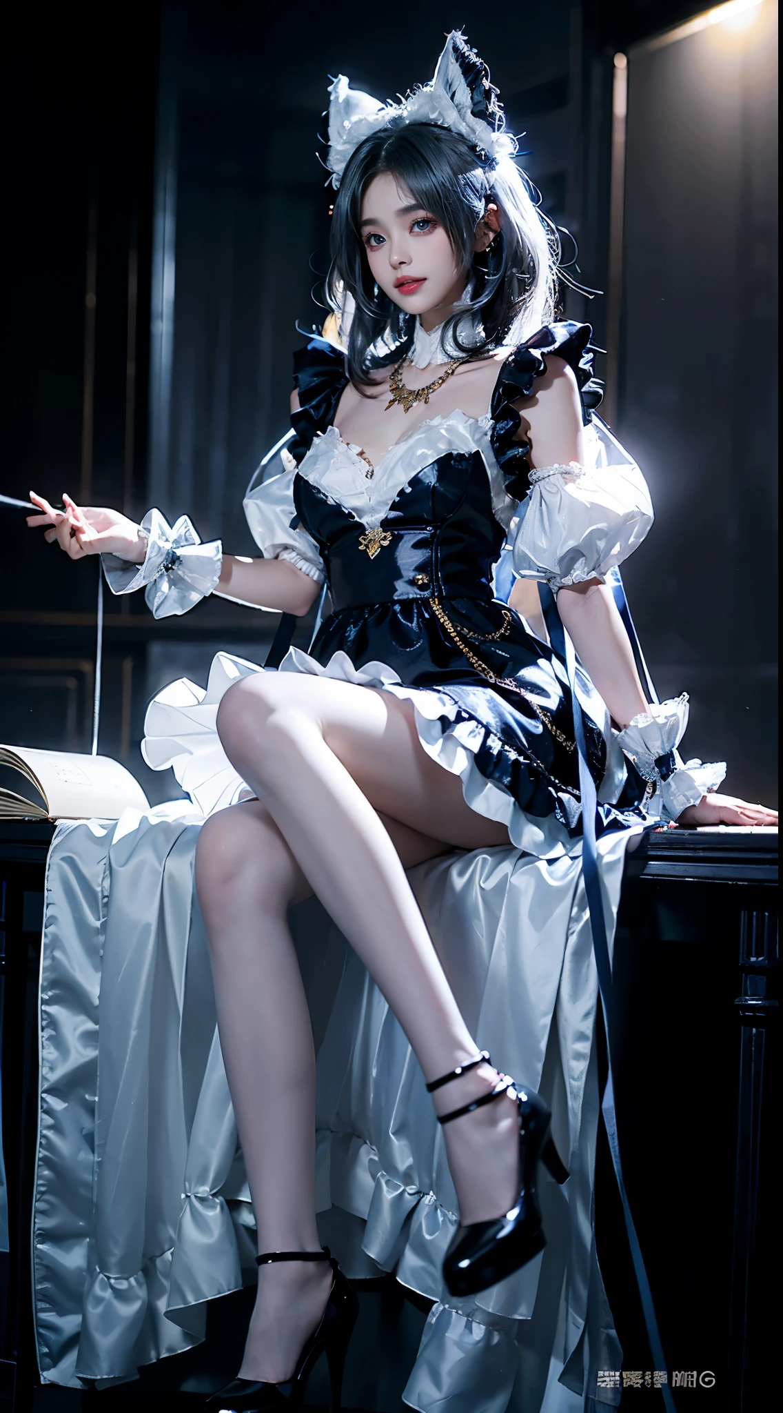 shinano cosplay costume, cosplay, thighhighs, high heels, see-through, fox tail, multiple tails, ((full body)), ((Shot from a random perspective)), ((sitting position)), ((in the classroom, Sit at the lectern)), (yushuxin,1girl,solo), clear face, pretty face, 8k, masterpiece, original photo, best quality, detail:1.2,lifelike, detail, Very detailed, CG, unified, wallpapers, depth of field, movie light, lens flare, Ray tracing, (extremely beautiful face, beautiful lips, beautiful eyes), intricate, detail的脸, ((ultra detailed skin)), 1 girl, in the darkness, deep shadow, beautiful korean girl, kpop idol,(Very slim figure:1.3), A plump chest, Large breasts, Slender sexy legs, Very nice legs, elegant posture, (bright smile), (City night, (neon lights), (night), beautiful korean girl, white diamond earrings, Diameter bracelet, Dia necklace, clear eyes, (big eyes)