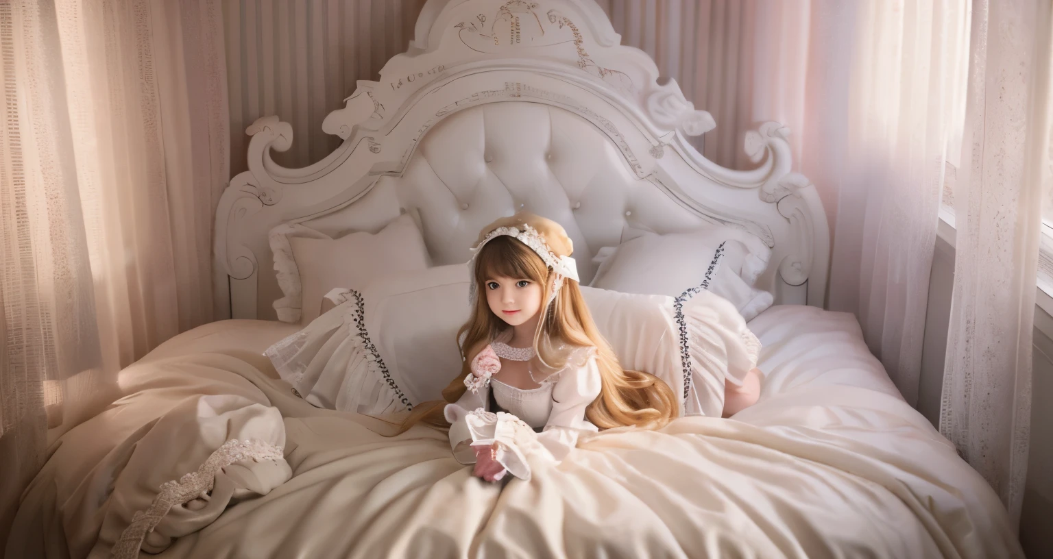 ,highest quality, masterpiece, highest resolution, artwork, super それにget used to it, many get used to it, get used to it, それにget used to it, 3K realistic photos,,((10 year old girl)),Super detailed young girl's face, Beautiful girl illustration,detailed beautiful face detailed hair,detailed human eye ,detailed mouth, arm details,detailed hands, european,(((Blonde with super long rolls))),blue eyes,pajamas,night wear,((((white nightgown)))),((フリルとリボンが沢山付いたwhite nightgown)),((1920 style nightgowns)),,((headdress with frills and ribbons)),victorian nightgowns,Yoke collar with ruffles and ribbons,Long sleeves with ruffles,Long skirt up to the ankle,((The whole body is reflected)),white ruffle and lace socks,Wearing slippers with frills and ribbons,Pillow with large frills and ribbons,detailed costume,Detailed pillow,sitting on the bed,贅沢なcanopy bedの上,canopy bed,Luxurious curtains on both sides and behind the bed,many frilly pillows on the bed,super detailed background,Detailed bed,romantic atmosphere,The lower half of the body is hidden under the futon,