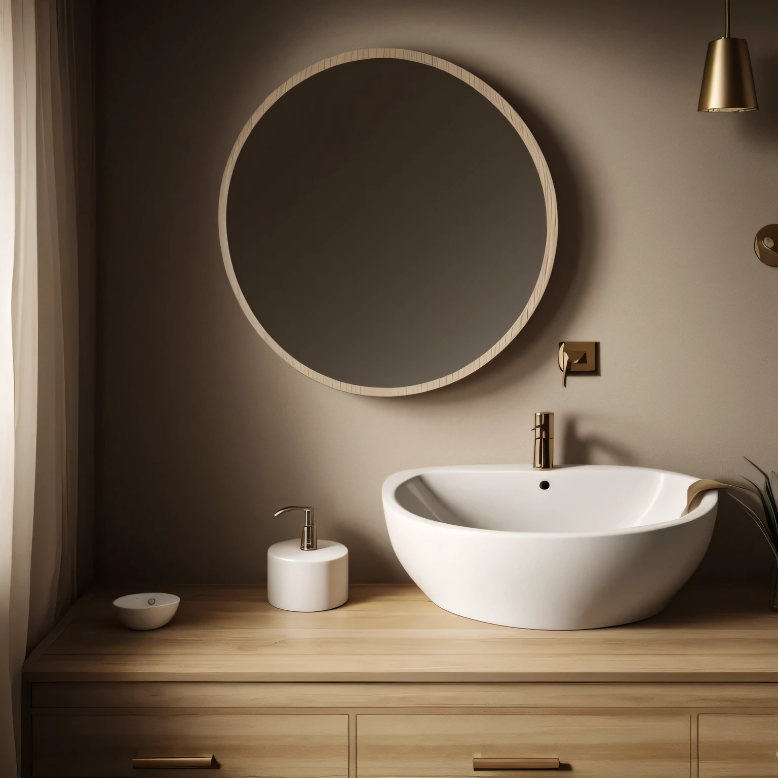 a photo of a bathroom sink with a mirror above it, a mirror, a bathroom, warm tone, wooden interior, (best quality), (photo realistic), 8k, bright, soft light, glowing,