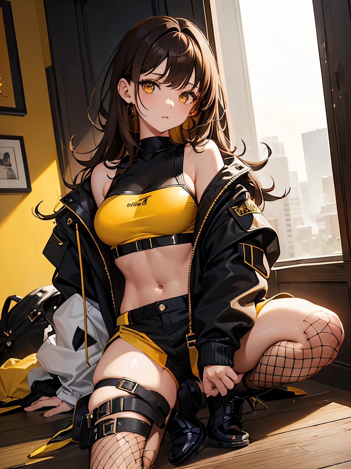 master piece , best quality , girl , brown hair, bobbed hair, golden eyes, slender body, Yellow sports bra, black short pants, brown skin, fishnet stockings , short boots, Black oversized jacket, sexy pose, sit, 