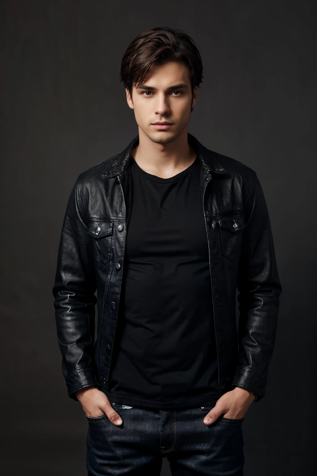 young guy, 20 years, dark hair, athletic build, black T-shirt, green jeans, grey eyes, mysterious, serious face, full length