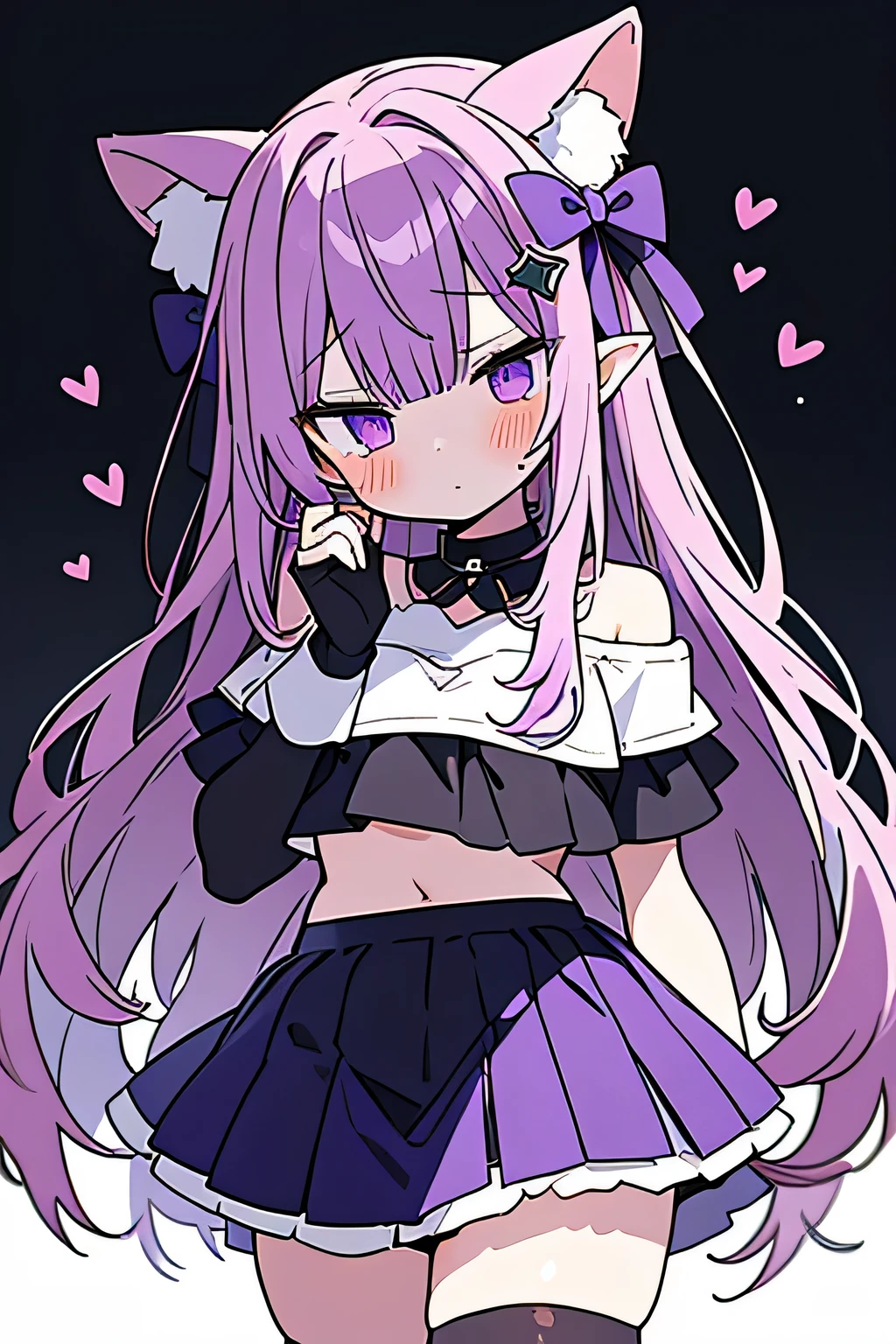 1 woman, 1other, blush, (purple_hair:1.3), long_hair, long_ears, Black color_eye, female, small_middle_chest, backboob, small 케이프, conscious_cotton_Gloves, expression_face, Watson_crucifixion, Restlessness, cheerleader, Lowleg_skirt, Black color and white outfit