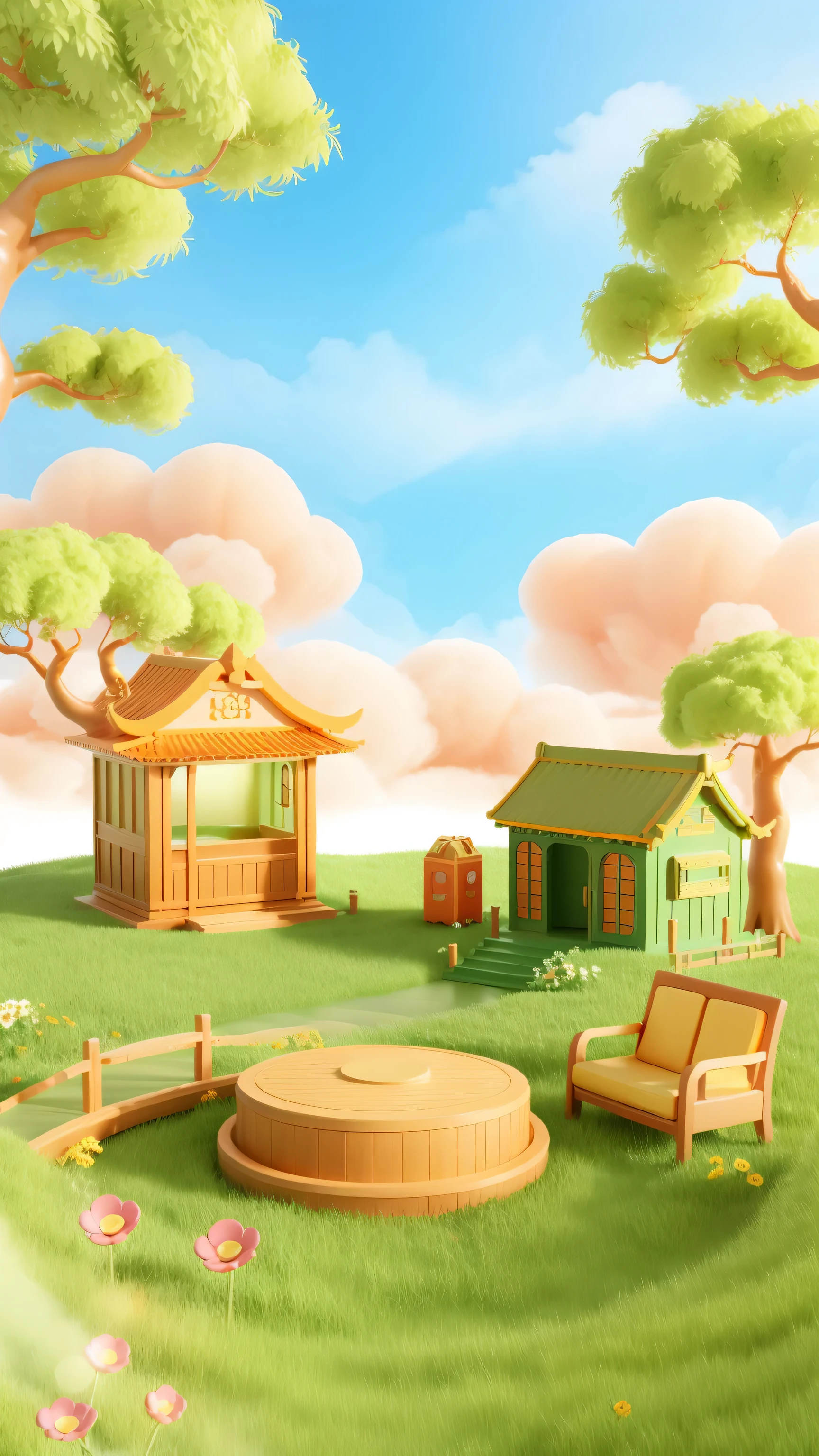 3ddianshang\(style\),Round booth, flower, Grass, Sky, cartoon tree, cloud, 3d rendering, 3Dstyle, spring, Lovely feeling