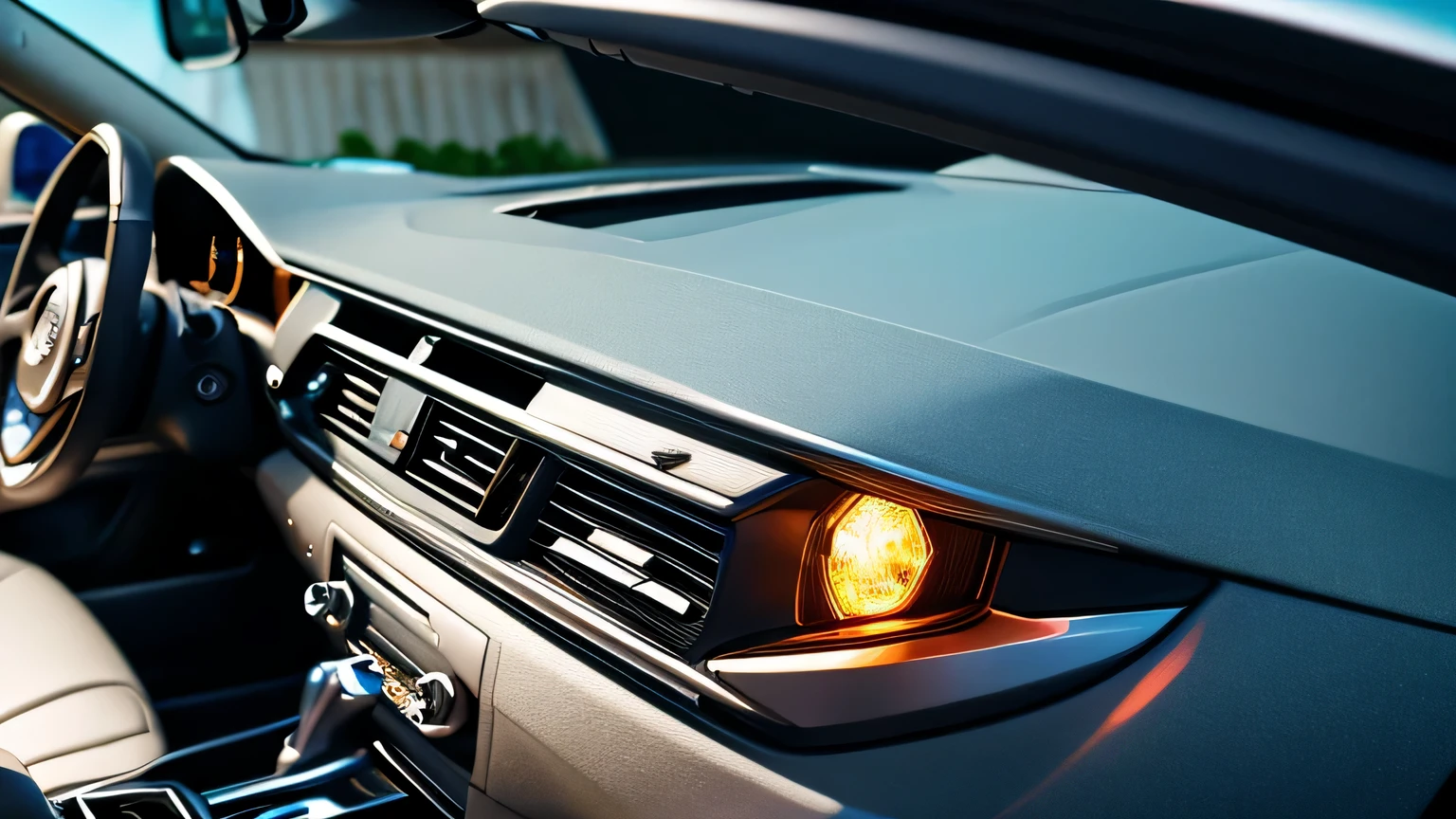 masterpiece, best quality, official art, Extremely detailed CG unity 8k wallpaper light, car, bright, (car model ornaments for ), car model, , (real: 1), (Add more rich details)), (open the window), sea breezes, (more realistic shrubs), reflective, Metallic, ((rich car details)), ((Turn on the lights: 1)), real style,