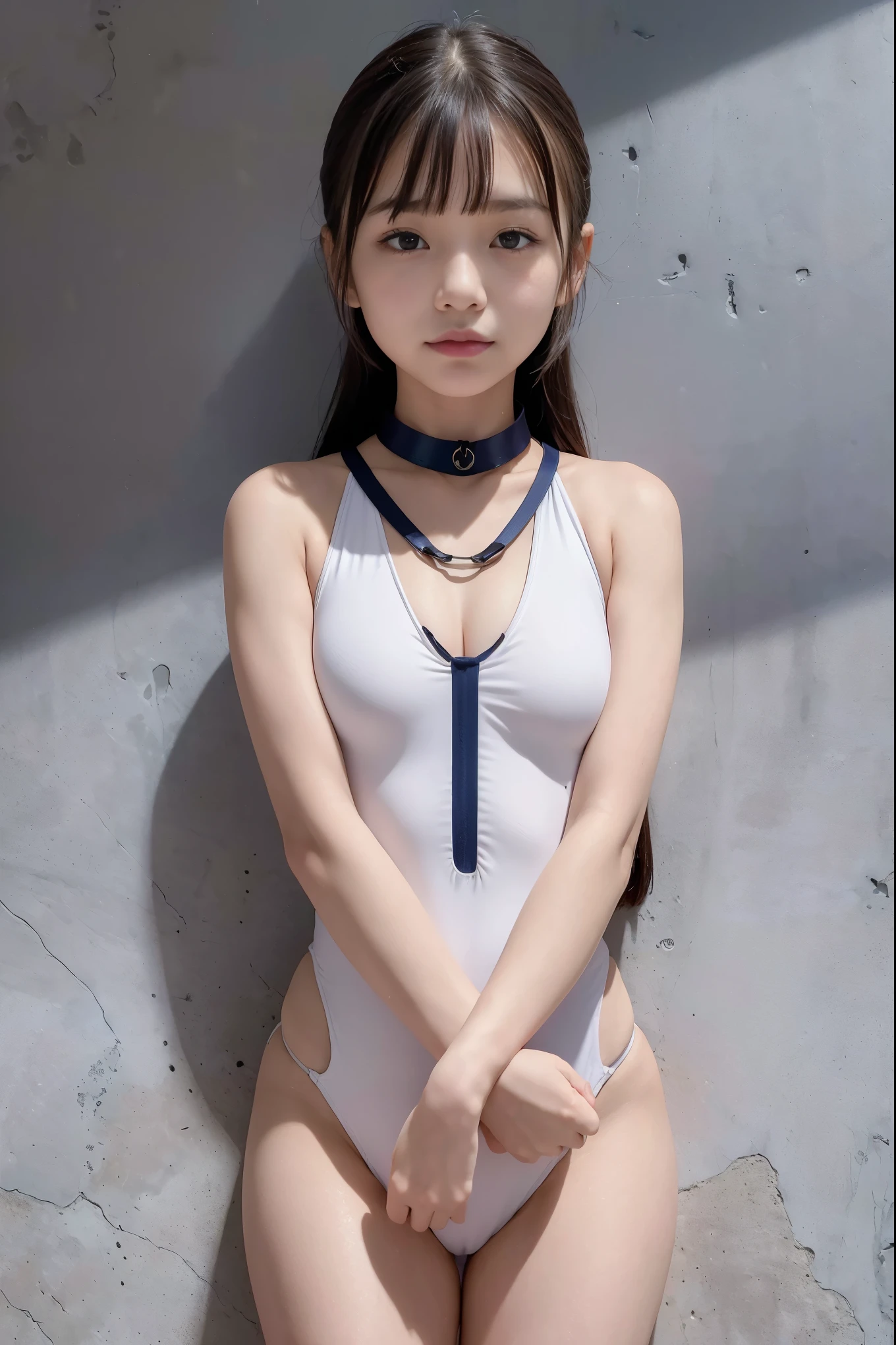 (8x_NMKD-Superscale_150000_G),(8K, Super high quality,highest quality),(masterpiece:1.5),(iron collar:1.5),(girl),(),(sailor swimsuit),A beautiful girl from a foreign land wears a sailor swimsuit, has a collar attached to her, and is brainwashed in a basement.,Alignment