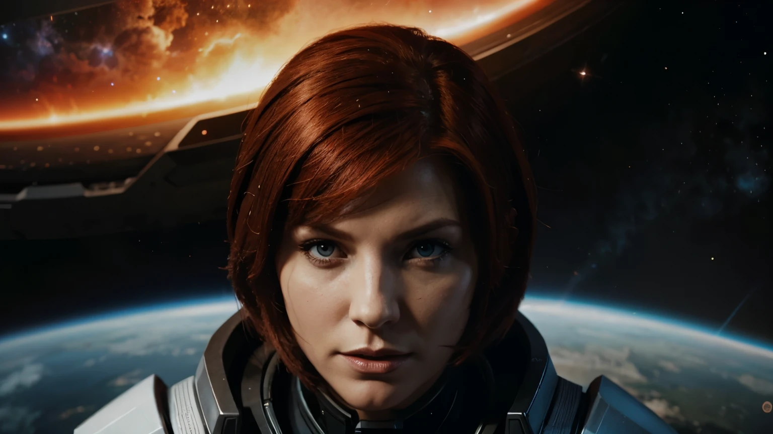Mass effect, space, poster, red head femshep, epic