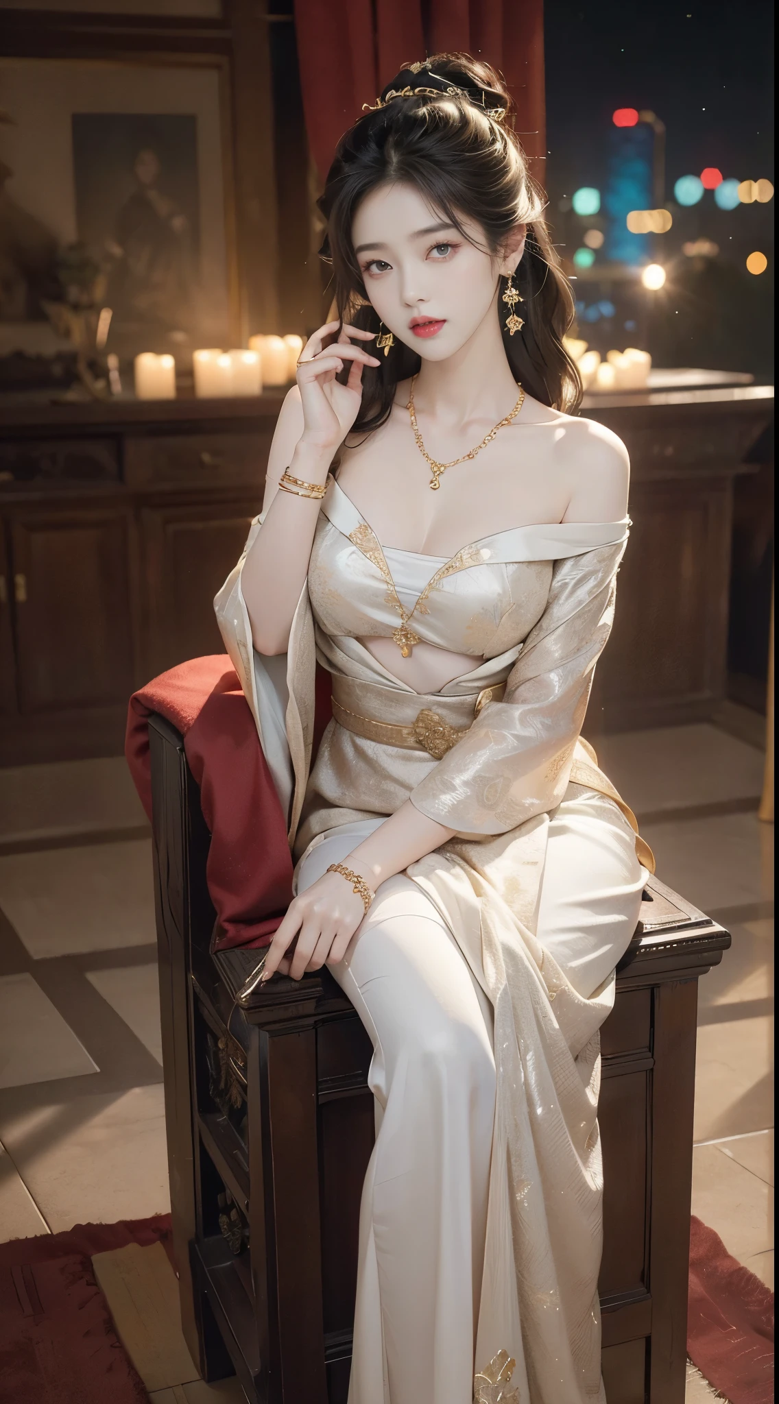 ((full body)), ((Shot from a random perspective)), ((sitting position)), ((in the classroom, Sit at the lectern)), (yushuxin,1girl,solo), clear face, pretty face, 8k, masterpiece, original photo, best quality, detail:1.2,lifelike, detail, Very detailed, CG, unified, wallpapers, depth of field, movie light, lens flare, Ray tracing, (extremely beautiful face, beautiful lips, beautiful eyes), intricate, detail的脸, ((ultra detailed skin)), 1 girl, in the darkness, deep shadow, beautiful korean girl, kpop idol,(Very slim figure:1.3), A plump chest, Large breasts, Slender sexy legs, Very nice legs, elegant posture, (bright smile), (City night, (neon lights), (night), beautiful korean girl, white diamond earrings, Diameter bracelet, Dia necklace, clear eyes, (big eyes)