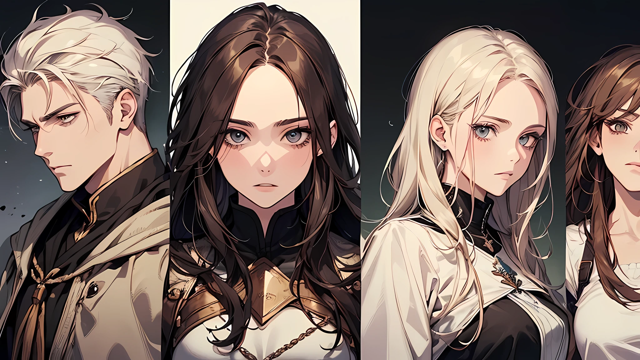 1 handsome man, 1 beautiful girl, man in short white hair, girl in brown hair, medieval times, knight, confused face, face detailed, plump lips, no expression, calm face, detailed eyes, detailed nose, warrior, face full of expressions