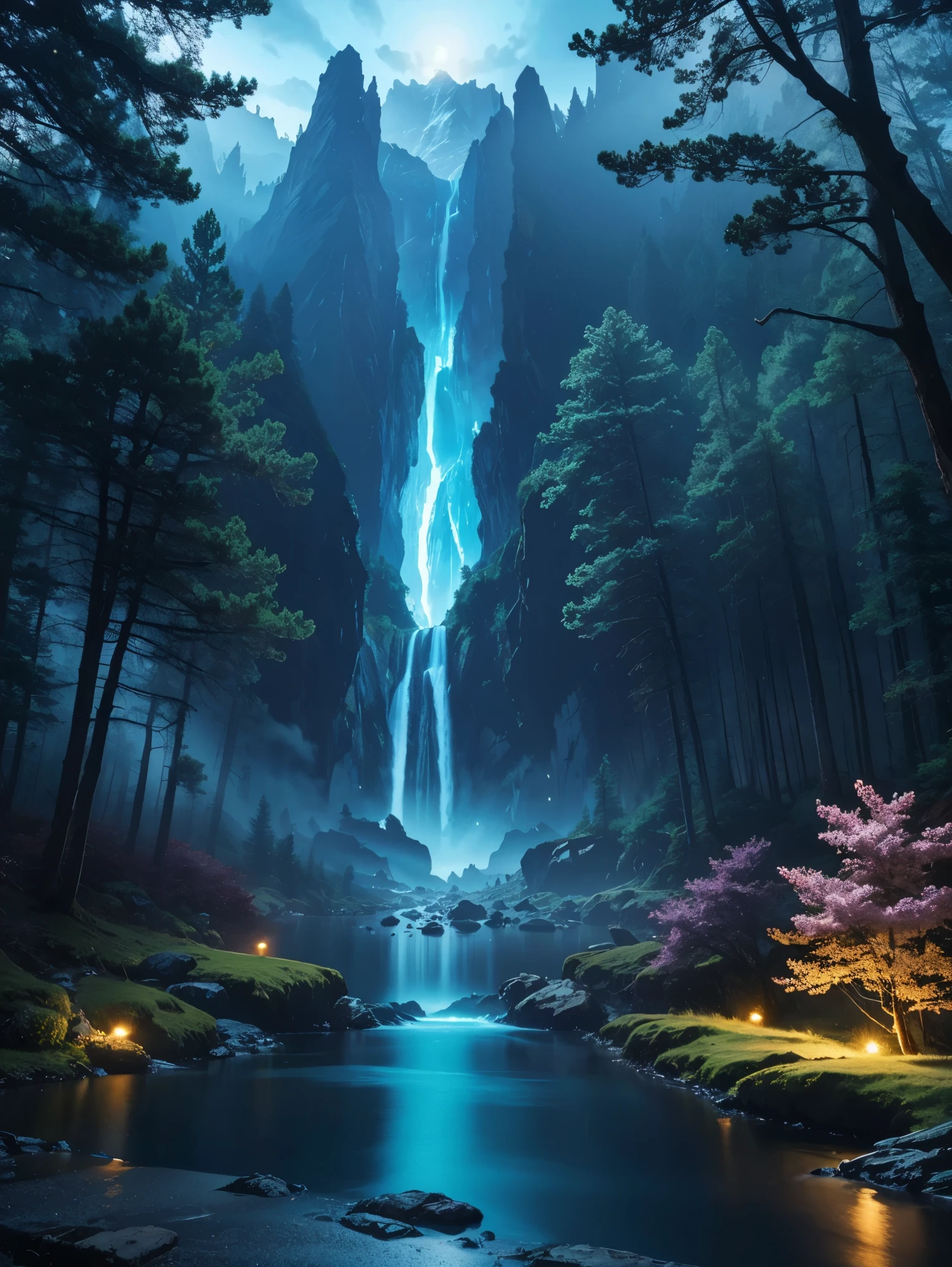 best quality, masterpiece, beautiful wild and natural fantasy landscape with glowing lights