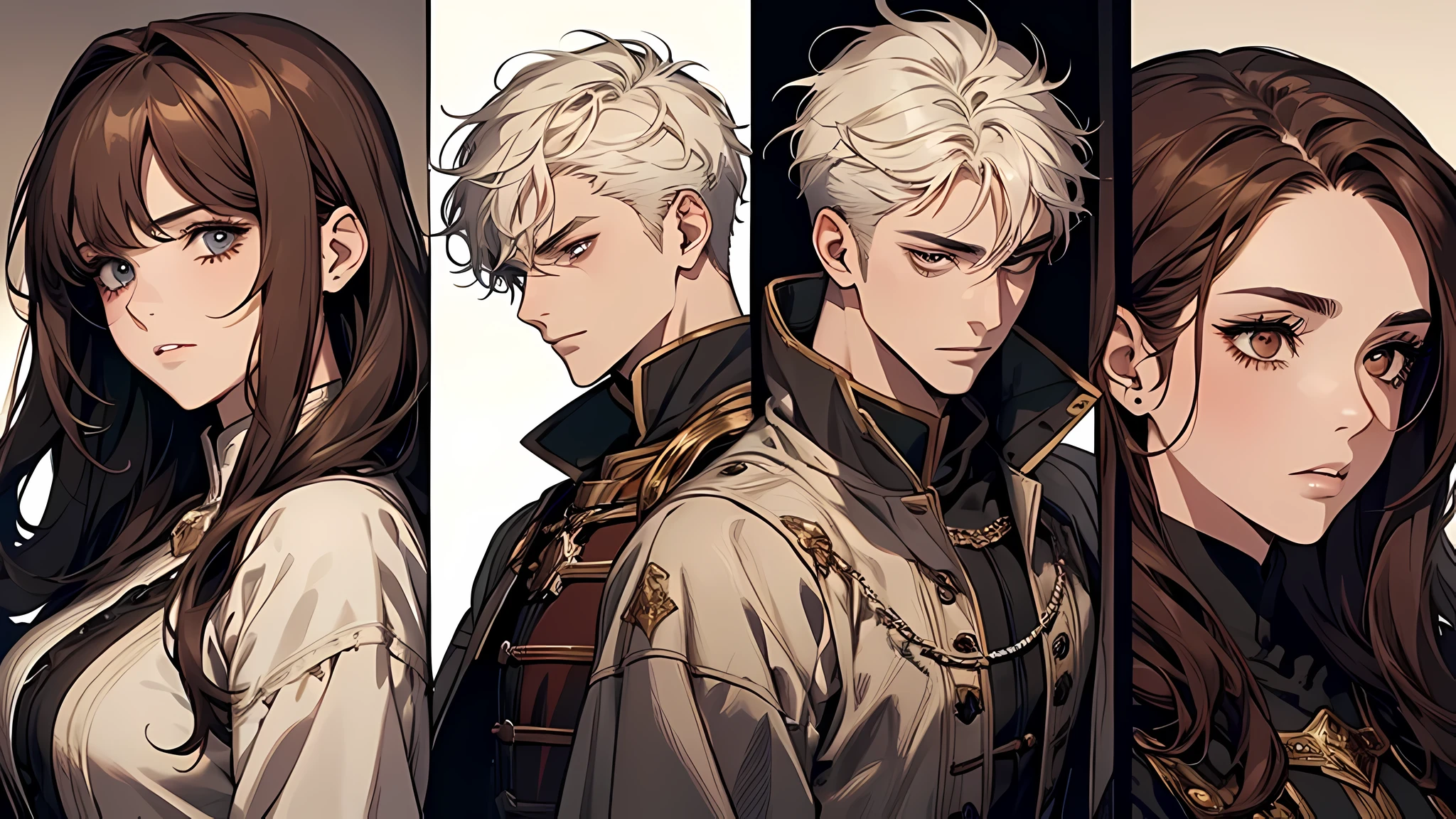 1 handsome man, 1 beautiful girl, man in short white hair, girl in brown hair, medieval times, knight, confused face, face detailed, plump lips, no expression, calm face, detailed eyes, detailed nose, warrior, face full of expressions