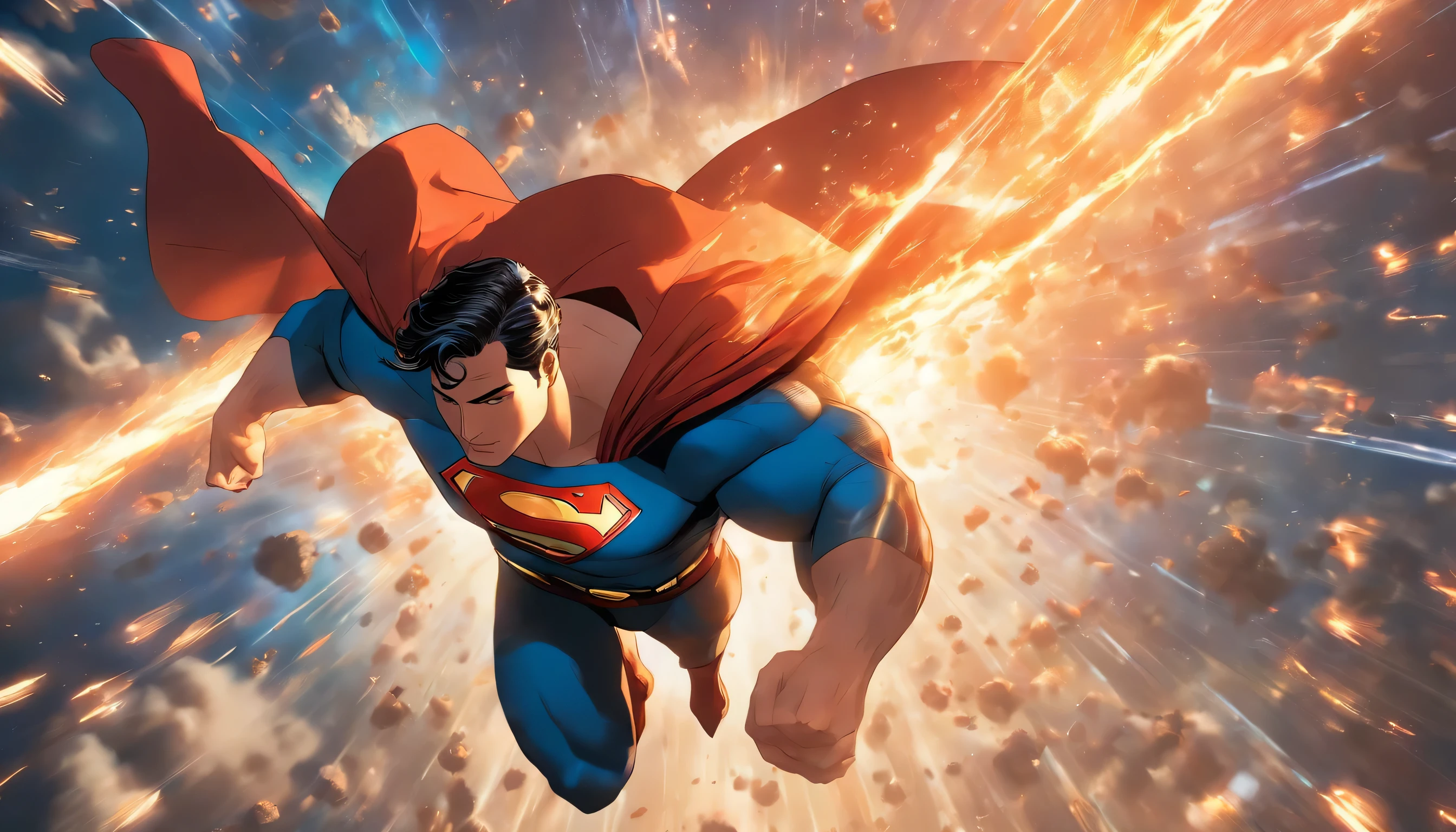 1 man (superman, clark kent) flying near the sun while pulling a spacecraft, full-body illustration, the background is in space near the sun, the sun is explode with high explosive effect and high solar radiation