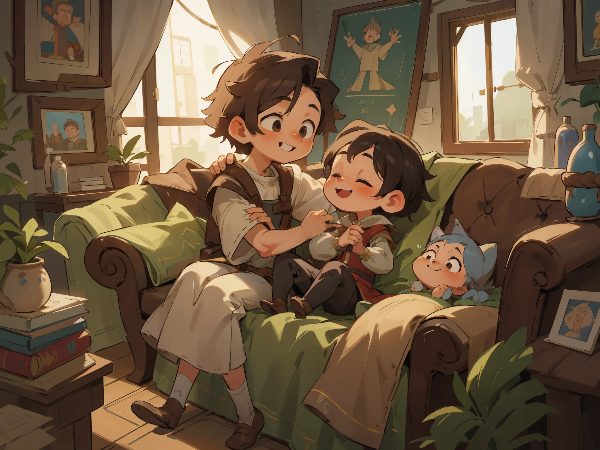 (Middle Ages), ancient times,closeup, Continuous shots, cinematic immersion, A man sat on the sofa, holding a 5-year-old boy in his arms,Standing next to him is a 26 year old mother, happy, smiling, in the living room, Medieval Clothing,Children's picture book, kid story, high salvation color,High definition, high quality, ultra clear details