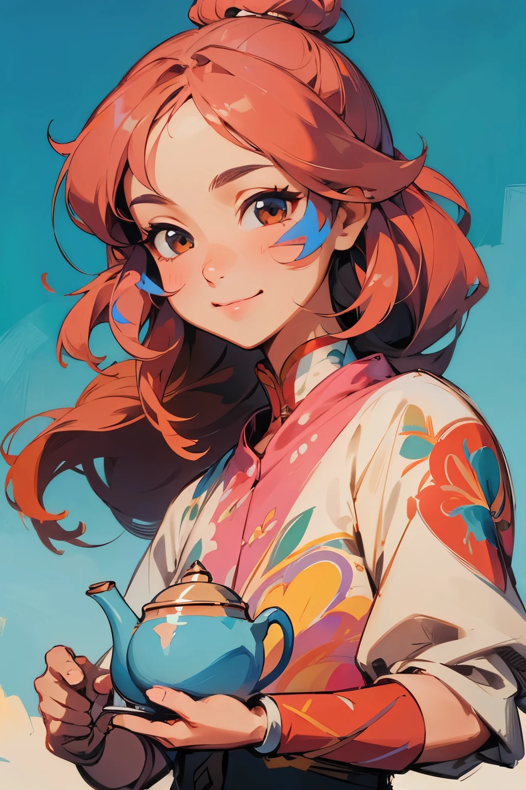 A girl with long hair is holding a teapot,beautiful facial features,gentle smile,cute,Lively,Hand Painted