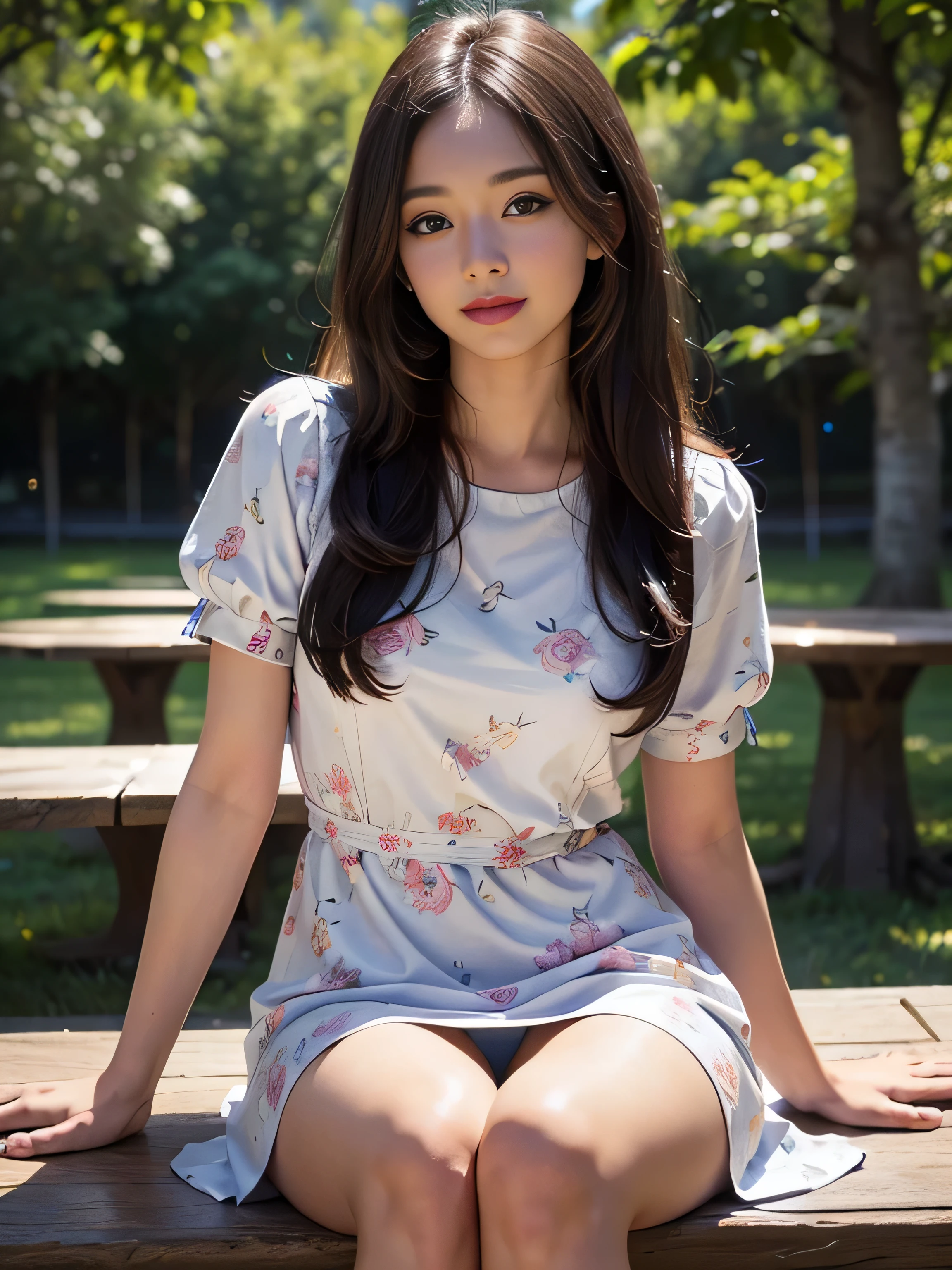 Araffe asian woman sitting on a bench in a park - SeaArt AI