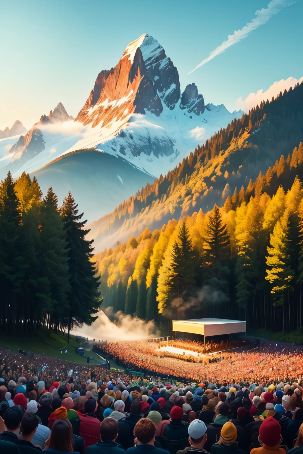 Music concert in Forest, banner type look, with lots of people, mountains visible, scenery.