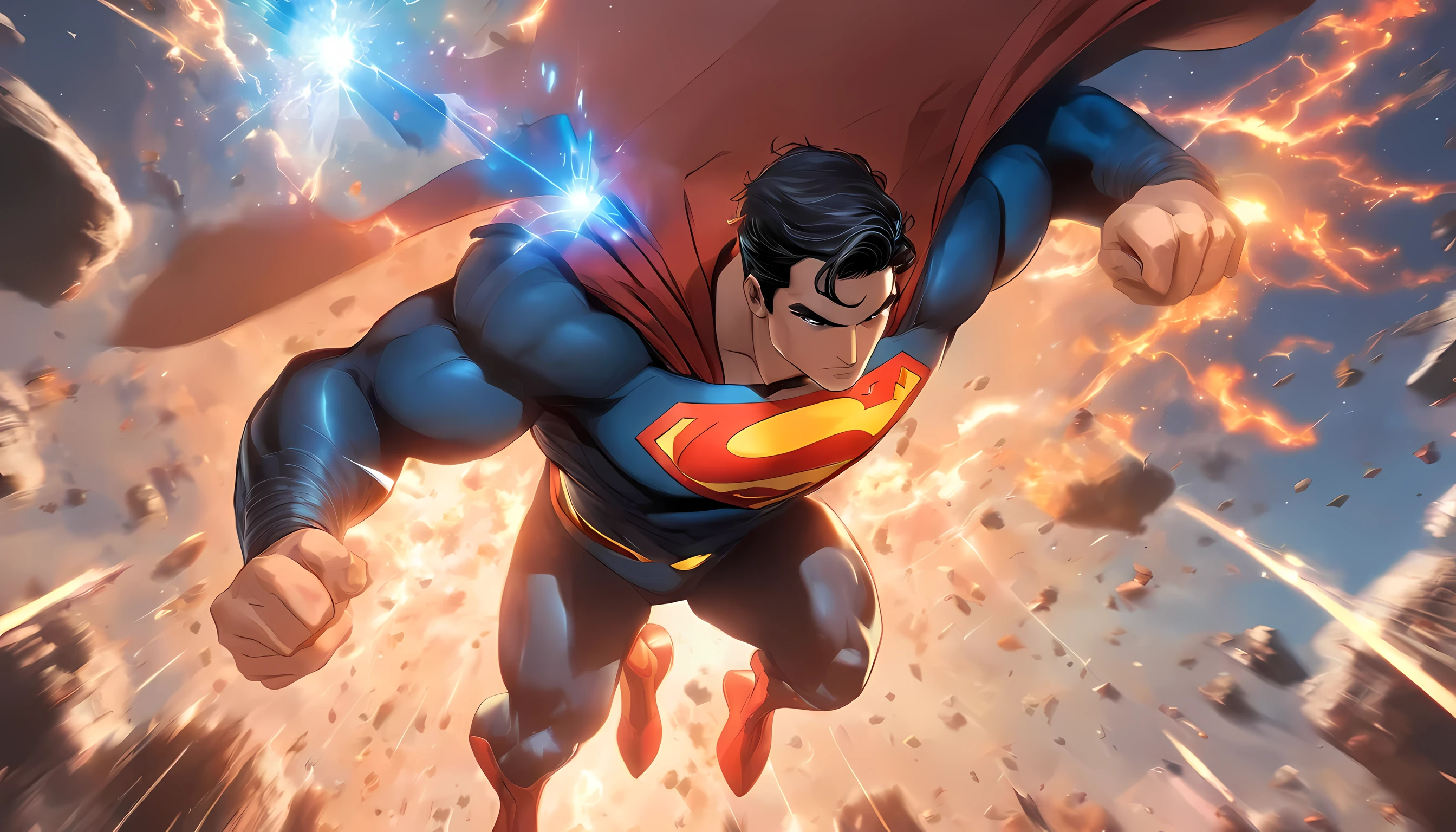 1 man (superman, clark kent) flying near the sun while pulling a spacecraft, full-body illustration, the background is in space near the sun, the sun is explode with high explosive effect and high solar radiation, detailed eyes, face to detail, perfect hands, absurd res, highres, 8k illustration, camera angle from front