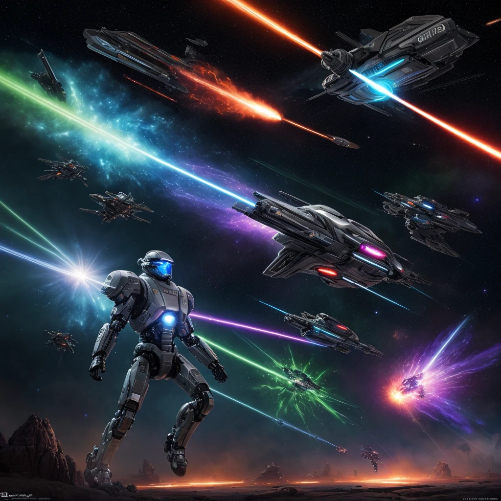 cyborg warriors do battle as they fly through space using rocket engine flying broomsticks, intense, high drama, comical, explosions, lasers, set in deep space