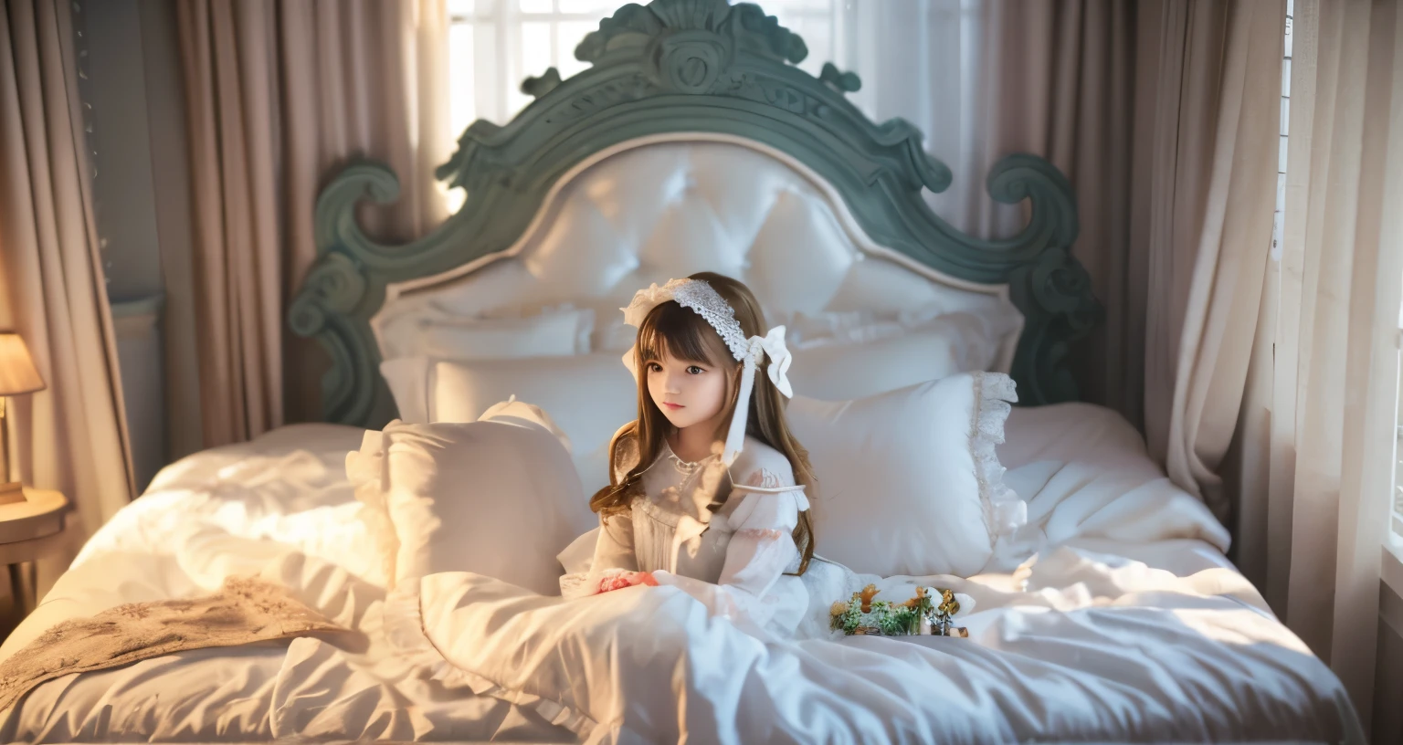 ,highest quality, masterpiece, highest resolution, artwork, super それにget used to it, many get used to it, get used to it, それにget used to it, 3K realistic photos,,((10 year old girl)),Super detailed young girl's face, Beautiful girl illustration,detailed beautiful face detailed hair,detailed human eye ,detailed mouth, arm details,detailed hands, european,(((Blonde with super long rolls))),blue eyes,pajamas,night wear,((((white nightgown)))),((フリルとリボンが沢山付いたwhite nightgown)),((1920 style nightgowns)),,((headdress with frills and ribbons)),victorian nightgowns,Yoke collar with ruffles and ribbons,Long sleeves with ruffles,Long skirt up to the ankle,((The whole body is reflected)),white ruffle and lace socks,Wearing slippers with frills and ribbons,Pillow with large frills and ribbons,detailed costume,Detailed pillow,sitting on the bed,贅沢なcanopy bedの上,canopy bed,Luxurious curtains on both sides and behind the bed,many frilly pillows on the bed,super detailed background,Detailed bed,romantic atmosphere,The lower half of the body is hidden under the futon,