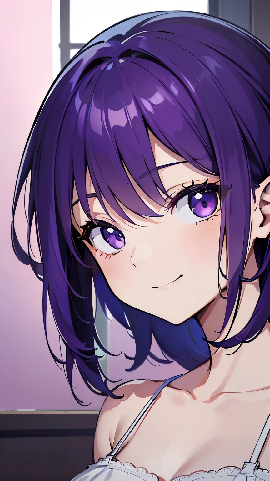 (T Masterpiece,4k wallpaper,best quality))、((girl1people))、(solo)、Brilliant,(purple hair)、(shortcut:1.3)、close up of face、smile、Bedroom、night、nightwear