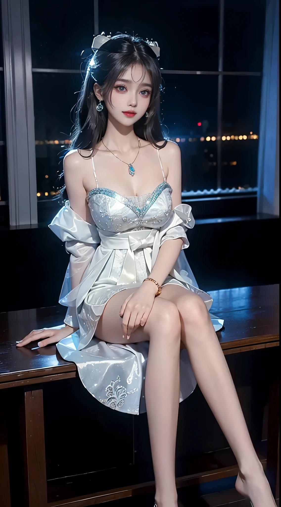  ((full body)), ((Shot from a random perspective)), ((sitting position)), ((in the classroom, Sit at the lectern)), (yushuxin,1girl,solo), clear face, pretty face, 8k, masterpiece, original photo, best quality, detail:1.2,lifelike, detail, Very detailed, CG, unified, wallpapers, depth of field, movie light, lens flare, Ray tracing, (extremely beautiful face, beautiful lips, beautiful eyes), intricate, detail的脸, ((ultra detailed skin)), 1 girl, in the darkness, deep shadow, beautiful korean girl, kpop idol,(Very slim figure:1.3), A plump chest, Large breasts, Slender sexy legs, Very nice legs, elegant posture, (bright smile), (City night, (neon lights), (night), beautiful korean girl, white diamond earrings, Diameter bracelet, Dia necklace, clear eyes, (big eyes)