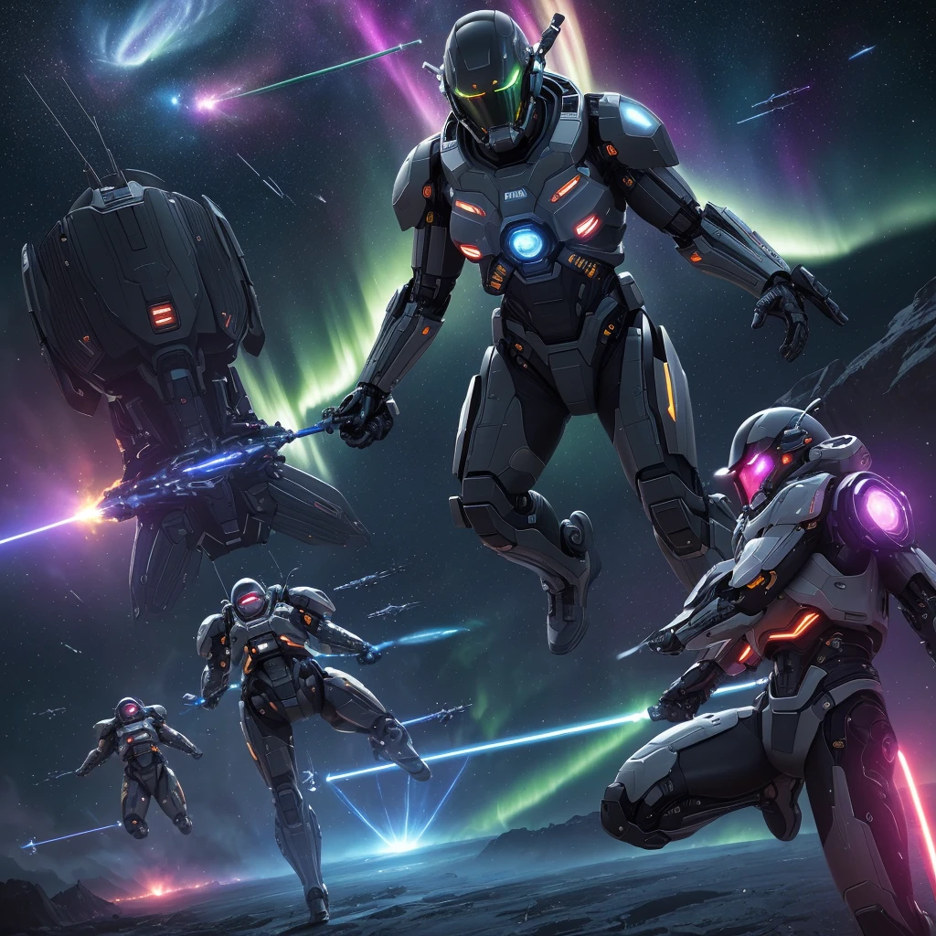 (best quality,4k,8k,highres,masterpiece:1.2),ultra-detailed,(realistic,photorealistic,photo-realistic:1.37),cyborg warriors,rocket engine flying broomsticks,explosions,lasers,intense,high drama,comical,deep space,action-packed,sci-fi atmosphere,futuristic technology,massive battle scene,starry background,endless expanse of stars,glowing nebulae,galactic war,highly detailed cyborg armor,sleek and metallic design,advanced weaponry,fast-paced movement,flying through space,energy beams,explosive blasts,dramatic poses,high-octane combat,cybernetic enhancements,visually stunning battles,colorful laser beams,powerful explosions,thrilling aerial acrobatics,fly in formation,electrifying energy trails,engaging and dynamic compositions,tense and suspenseful moments,comic relief,clever one-liners,interstellar clashes,otherworldly beings,impressive special effects,lluminating auroras,powerful cosmic energy,ethereal lighting effects,vibrant and saturated colors