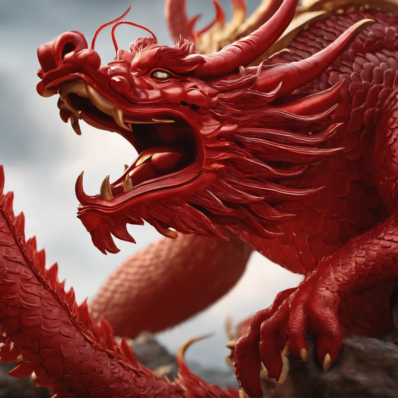 "Very beautiful 3d rendering red chinese dragon,representation of dynamics, Vivid effects and details,Top image quality, Lifelike details,high resolution,multiple colour, A bunch of coins, treasures"