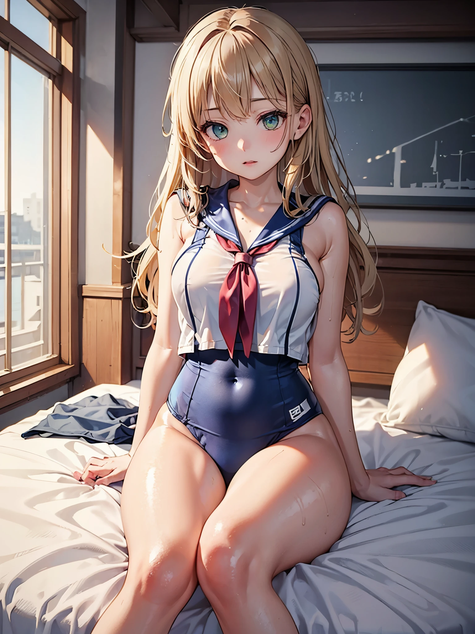 1 girl、school swimwear、Blue One Piece Swimsuit、Sailor suit only for the upper body、white shirt、summer clothes、Red Ribbon Tie、sit on the bed、open legs、Raise one knee、belly button、blonde beautiful girl、green eyes