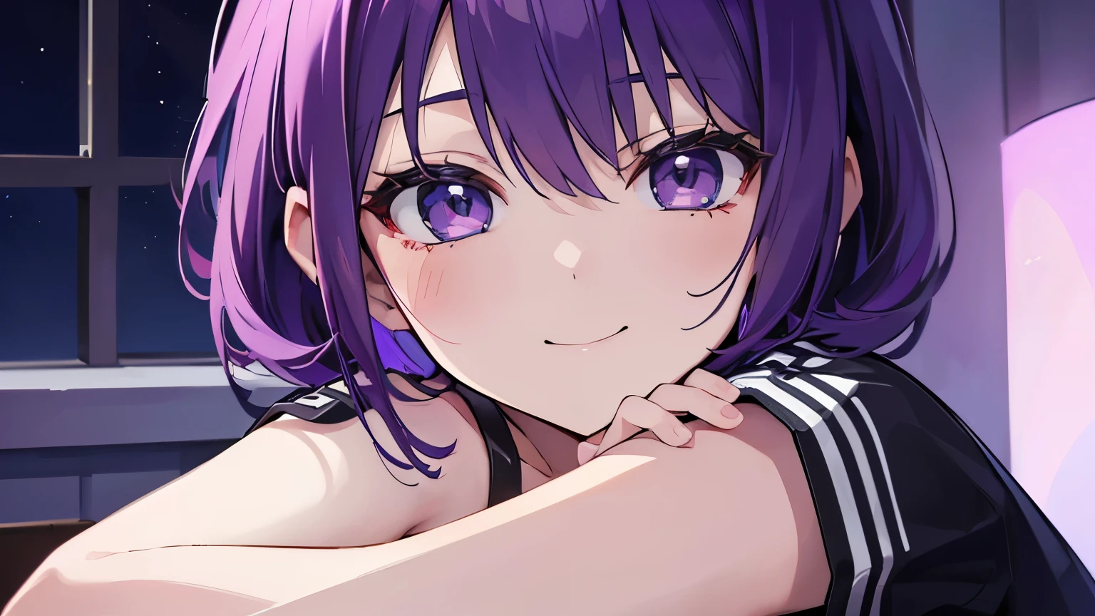 (T Masterpiece,4k wallpaper,best quality))、((girl1people))、(solo)、Brilliant,(purple hair)、(shortcut:1.3)、close up of face、smile、Bedroom、night、nightwear