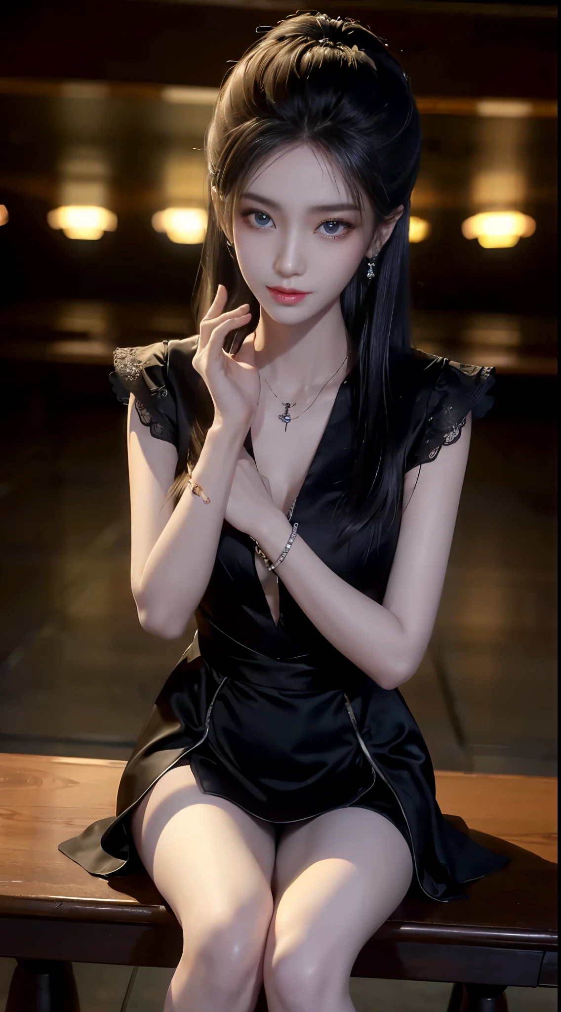  ((full body)), ((Shot from a random perspective)), ((sitting position)), ((in the classroom, Sit at the lectern)), (yushuxin,1girl,solo), clear face, pretty face, 8k, masterpiece, original photo, best quality, detail:1.2,lifelike, detail, Very detailed, CG, unified, wallpapers, depth of field, movie light, lens flare, Ray tracing, (extremely beautiful face, beautiful lips, beautiful eyes), intricate, detail的脸, ((ultra detailed skin)), 1 girl, in the darkness, deep shadow, beautiful korean girl, kpop idol,(Very slim figure:1.3), A plump chest, Large breasts, Slender sexy legs, Very nice legs, elegant posture, (bright smile), (City night, (neon lights), (night), beautiful korean girl, white diamond earrings, Diameter bracelet, Dia necklace, clear eyes, (big eyes)