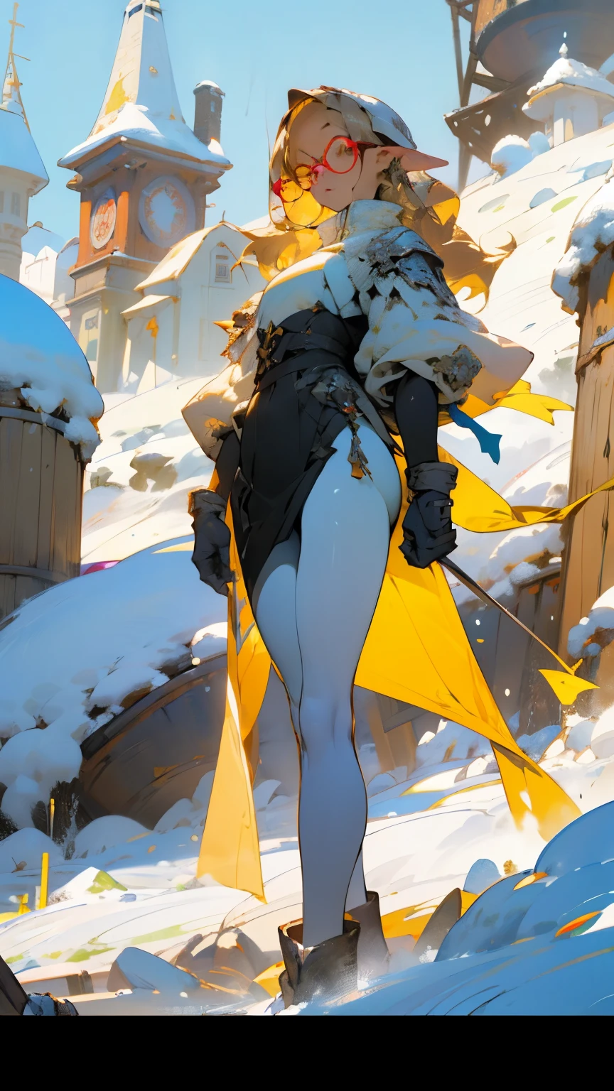 glow,masterpiece, beautiful, 4K, best quality, oil painting portrait style, cute face, big breasts, blonde,round frame glasses,pointed ears, white pantyhose,whole body,standing posture,clock,ski,snow mountain,ski姿势,swoop
