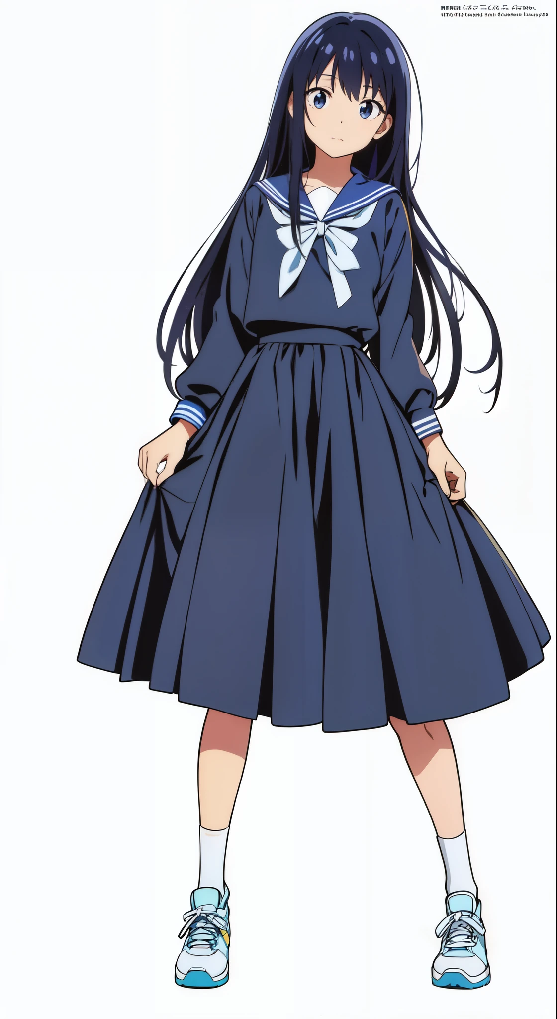 (white background:1.0), (anime:1.0), (official art:1.0), (best quality:1.0), (masterpiece:1.0), (full body:1.0), (solo:1.0), (a cute girl:1.0), (long skirt:1.45), (dark blue skirt:1.25), (pleated skirt:1.0), (dark blue sailor uniform:1.25), (long sleeve sailor uniform:1.0), (sneakers:1.0), (white socks:1.25), (ideal ratio body proportions:1.25), (lanky:1.25), (tall:1.25), (slender:1.25), (small breasts:1.25), (smaller face:1.25), (tareme:1.5), (detailed beautiful eyes:1.0), (detailed beautiful face:1.0), (glowing black eyes:1.0), (medium hair:1.0), (black hair:1.0), (standing:1.0), (looking at viewer:1.0)