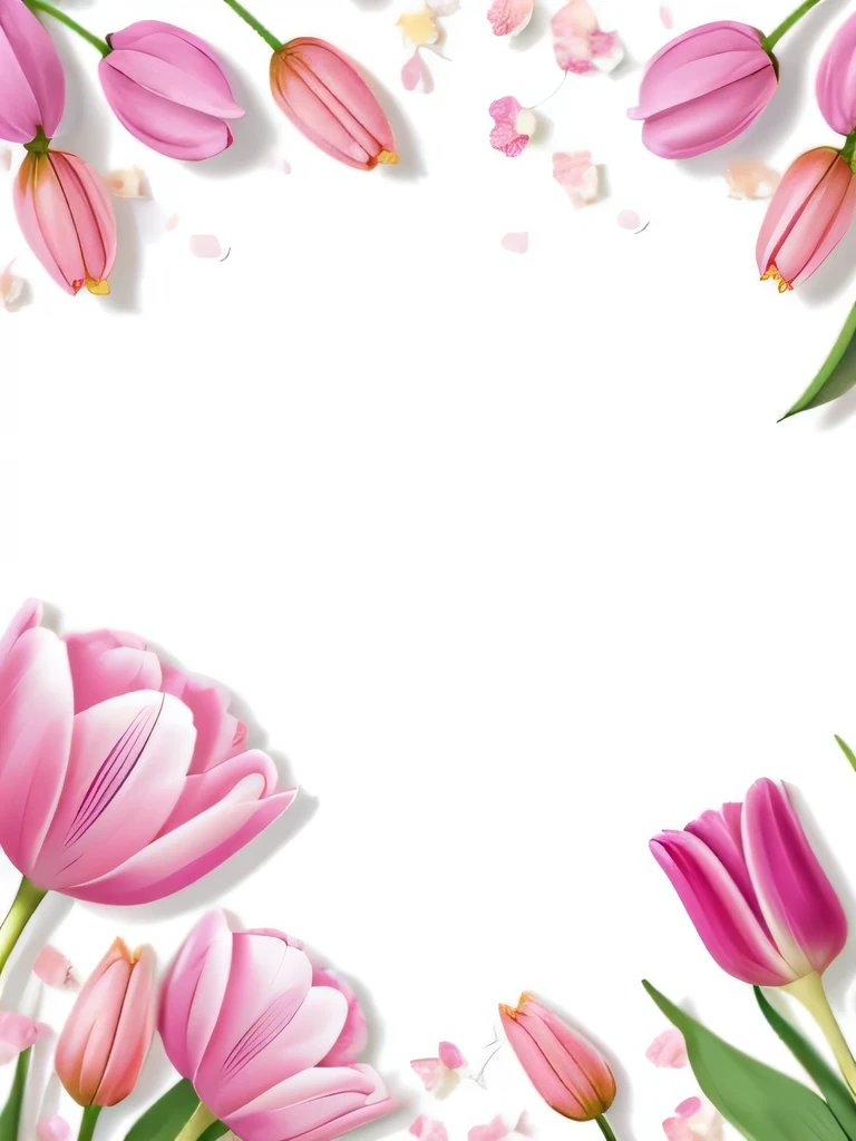 ((Background Pink))、(tulip)、colorful、petalが散る、fantasy、Around it、petal、An illustration
