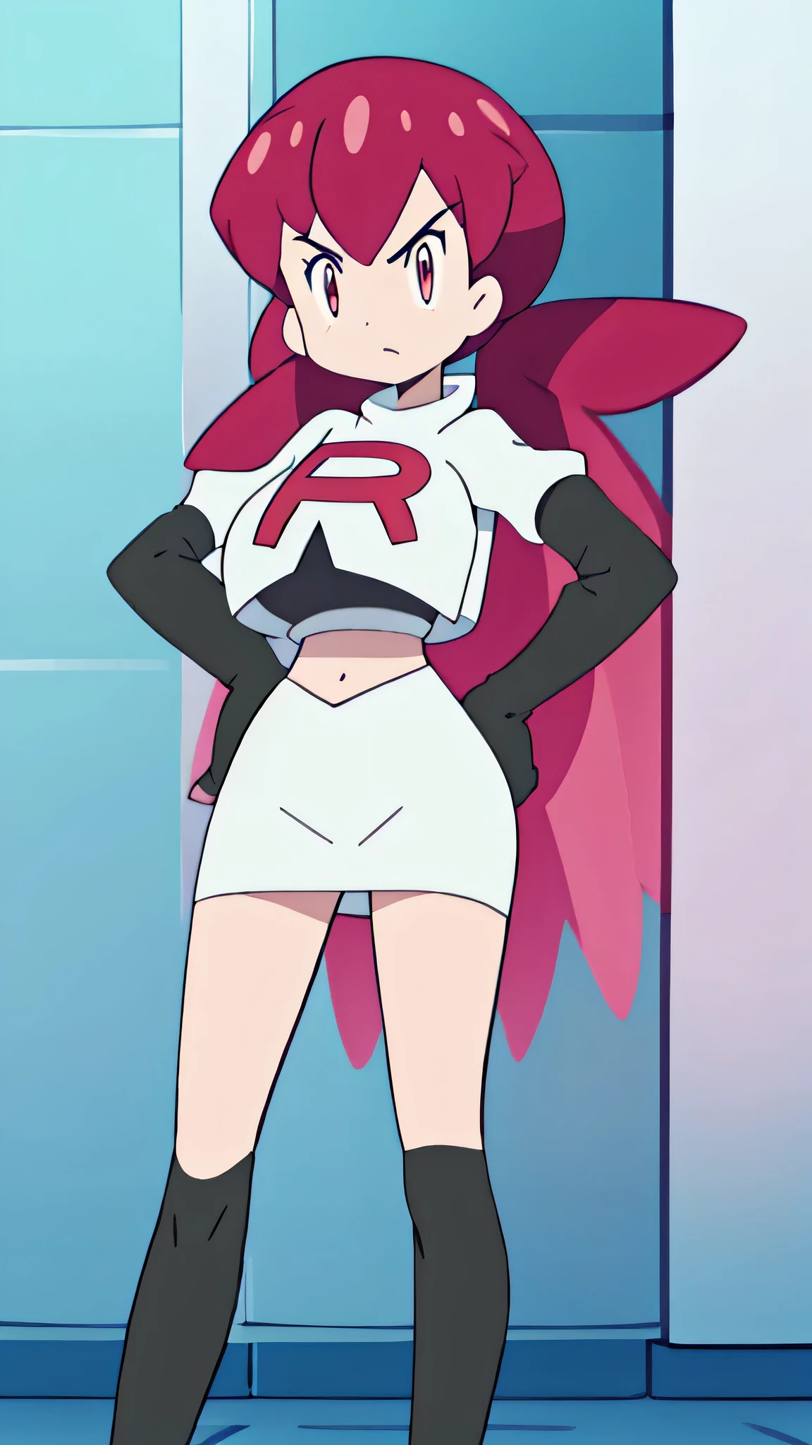 1girl in, (Solo:1.2), (Perfect body:1.1), (Best Quality:1.1), , very large breast, hands on hip,team rocket uniform, red letter r, white skirt,white crop top,black thigh-high boots, black elbow gloves, glaring angrily, looking at viewer, hands on hips, full body seen
