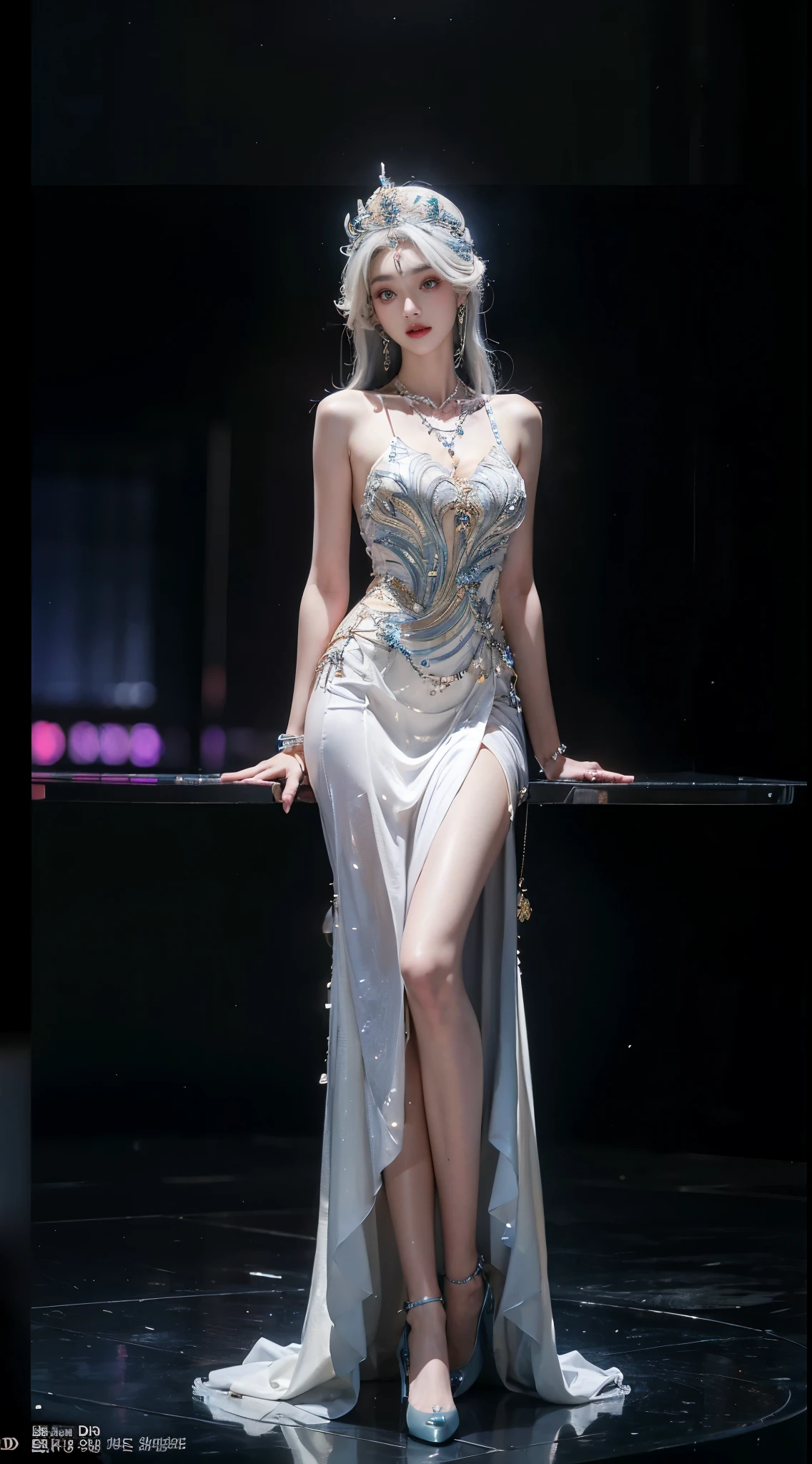 ((full body)), ((Shot from a random perspective)), ((sitting position)), ((in the classroom, Sit at the lectern)), (yushuxin,1girl,solo), clear face, pretty face, 8k, masterpiece, original photo, best quality, detail:1.2,lifelike, detail, Very detailed, CG, unified, wallpapers, depth of field, movie light, lens flare, Ray tracing, (extremely beautiful face, beautiful lips, beautiful eyes), intricate, detail的脸, ((ultra detailed skin)), 1 girl, in the darkness, deep shadow, beautiful korean girl, kpop idol,(Very slim figure:1.3), A plump chest, Large breasts, Slender sexy legs, Very nice legs, elegant posture, (bright smile), (City night, (neon lights), (night), beautiful korean girl, white diamond earrings, Diameter bracelet, Dia necklace, clear eyes, (big eyes)