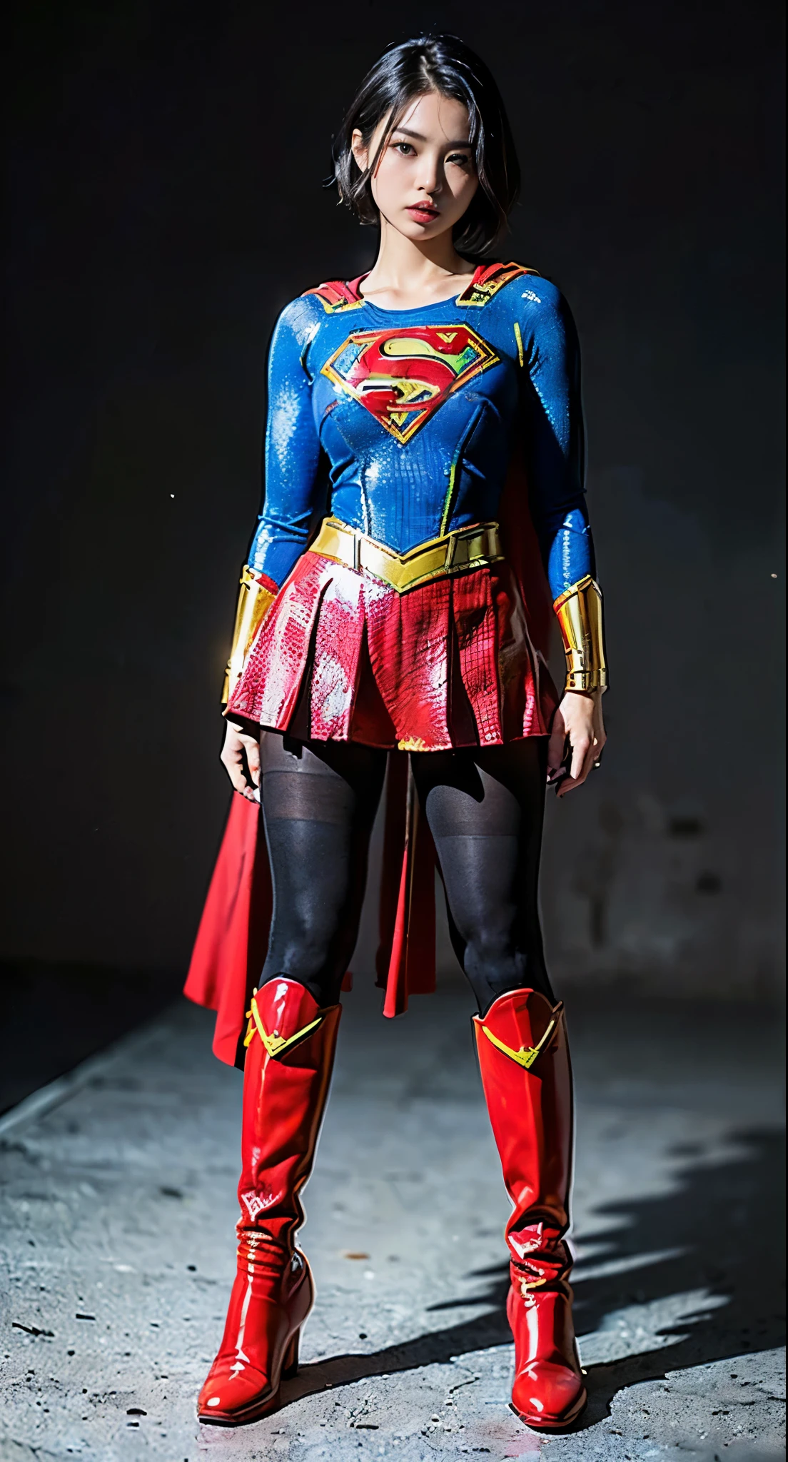 Always a painful look、always suffer、I'm sure it's weak、inevitably dead、Beautiful girl fighting、Japanese、Cute beautiful Iful Girl、(((Wear black tights on your beautiful legs.)))、(((beautiful feet)))、(((open thighs)))、((((Make the most of your original images)))、(((Supergirl costumes)))、(((Beautiful hair in a short cut)))、(((I was injured)))、(((Be sure to wear black tights on your feet)))、(((must wear red boots)))、((best image quality、8K))、((highest quality、8K、masterpiece:1.3))、(((Keep your background simple)))、sharp focus:1.2、beautiful woman with perfect figure:1.4、thin abs:1.2、wet body:1.5、Highly detailed face and skin texture、8K、Keep your background simple