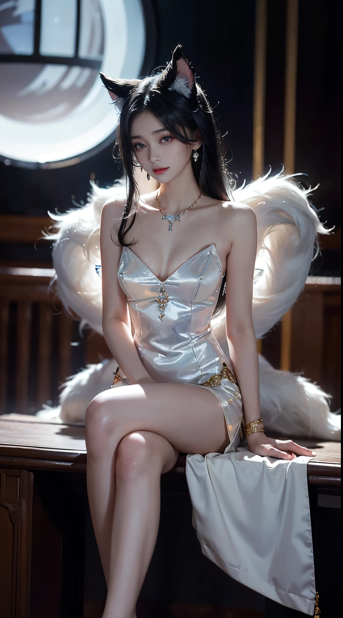  Ahri_Cosplay, White Tails, Black long hair, yellow eyes,  ((full body)), ((Shot from a random perspective)), ((sitting position)), ((in the classroom, Sit at the lectern)), (yushuxin,1girl,solo), clear face, pretty face, 8k, masterpiece, original photo, best quality, detail:1.2,lifelike, detail, Very detailed, CG, unified, wallpapers, depth of field, movie light, lens flare, Ray tracing, (extremely beautiful face, beautiful lips, beautiful eyes), intricate, detail的脸, ((ultra detailed skin)), 1 girl, in the darkness, deep shadow, beautiful korean girl, kpop idol,(Very slim figure:1.3), A plump chest, Large breasts, Slender sexy legs, Very nice legs, elegant posture, (bright smile), (City night, (neon lights), (night), beautiful korean girl, white diamond earrings, Diameter bracelet, Dia necklace, clear eyes, (big eyes)