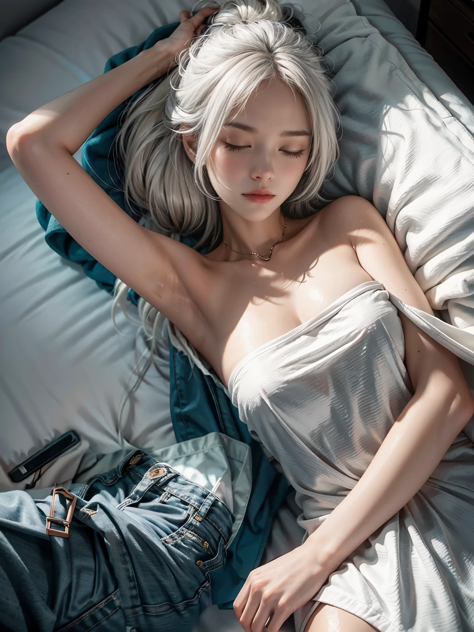 （Woman lying on bed）、（(posterior view))、（((The back is visible))）（Sleeping face down）1 girl, Silver hair, striated hair, Bangs, Blunt bangs, Long hair, Pink hair, aqua eyes, longeyelashes, Purple eyes, makeup, Smile, Parted lips, Realism, Verism, surrealism, depth of fields, One-person viewpoint, F/1.8, 135 mm, canon, nffsw, retinas, masutepiece, ccurate, Anatomically correct, Textured skin, Super Detail, high details, High quality, Best Quality, hight resolution, 1080p, hard disk, 4K, 8K、（Coarse short sweater）Floats off the shoulders、off shoulders、((No skirt))、（（Full Body Angle））、（open one's legs、stick out buttocks）、（shapely breasts,)、((sexypose)))、(camel's toe),