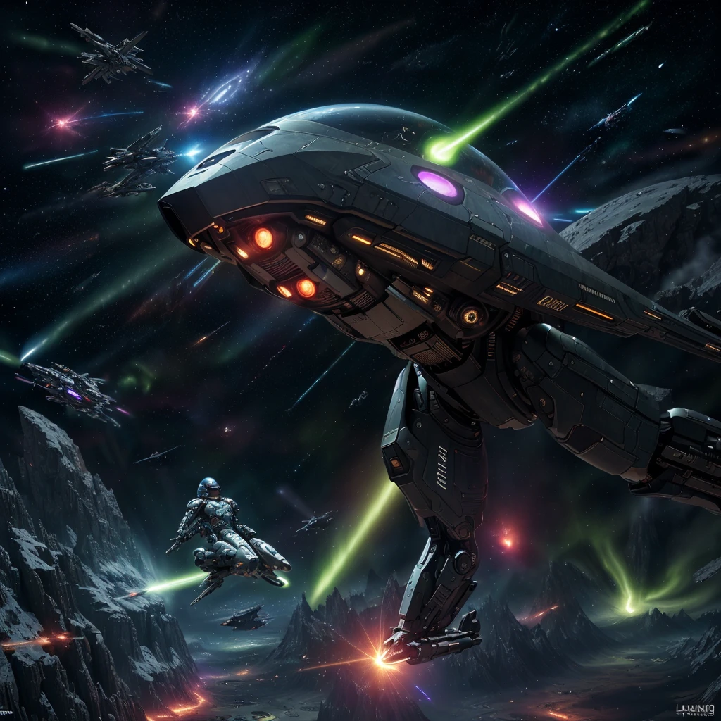 (best quality,4k,8k,highres,masterpiece:1.2),ultra-detailed,(realistic,photorealistic,photo-realistic:1.37),cyborg warriors,rocket engine flying broomsticks,explosions,lasers,intense,high drama,comical,deep space,action-packed,sci-fi atmosphere,futuristic technology,massive battle scene,starry background,endless expanse of stars,glowing nebulae,galactic war,highly detailed cyborg armor,sleek and metallic design,advanced weaponry,fast-paced movement,flying through space,energy beams,explosive blasts,dramatic poses,high-octane combat,cybernetic enhancements,visually stunning battles,colorful laser beams,powerful explosions,thrilling aerial acrobatics,fly in formation,electrifying energy trails,engaging and dynamic compositions,tense and suspenseful moments,comic relief,clever one-liners,interstellar clashes,otherworldly beings,impressive special effects,lluminating auroras,powerful cosmic energy,ethereal lighting effects,vibrant and saturated colors