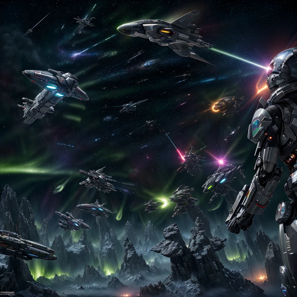 (best quality,4k,8k,highres,masterpiece:1.2),ultra-detailed,(realistic,photorealistic,photo-realistic:1.37),cyborg warriors,rocket engine flying broomsticks,explosions,lasers,intense,high drama,comical,deep space,action-packed,sci-fi atmosphere,futuristic technology,massive battle scene,starry background,endless expanse of stars,glowing nebulae,galactic war,highly detailed cyborg armor,sleek and metallic design,advanced weaponry,fast-paced movement,flying through space,energy beams,explosive blasts,dramatic poses,high-octane combat,cybernetic enhancements,visually stunning battles,colorful laser beams,powerful explosions,thrilling aerial acrobatics,fly in formation,electrifying energy trails,engaging and dynamic compositions,tense and suspenseful moments,comic relief,clever one-liners,interstellar clashes,otherworldly beings,impressive special effects,lluminating auroras,powerful cosmic energy,ethereal lighting effects,vibrant and saturated colors