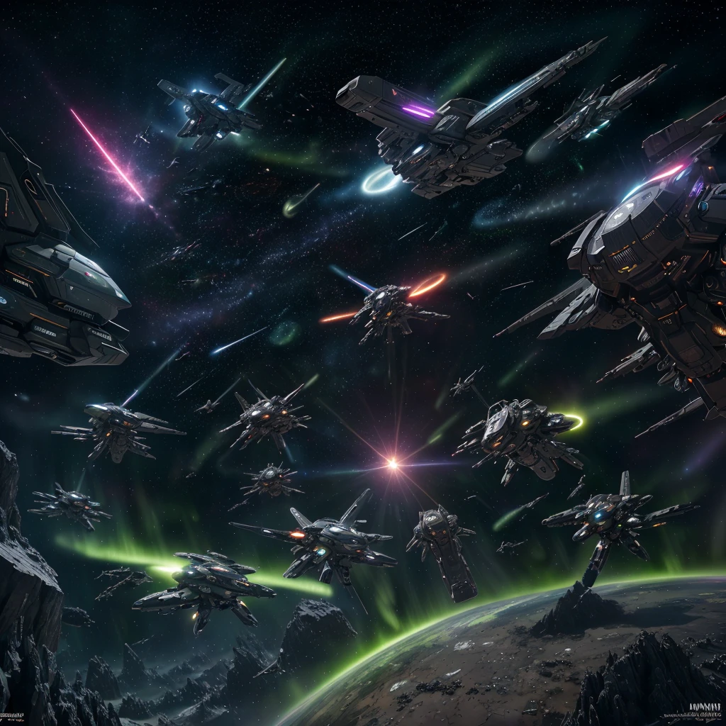 (best quality,4k,8k,highres,masterpiece:1.2),ultra-detailed,(realistic,photorealistic,photo-realistic:1.37),cyborg warriors,rocket engine flying broomsticks,explosions,lasers,intense,high drama,comical,deep space,action-packed,sci-fi atmosphere,futuristic technology,massive battle scene,starry background,endless expanse of stars,glowing nebulae,galactic war,highly detailed cyborg armor,sleek and metallic design,advanced weaponry,fast-paced movement,flying through space,energy beams,explosive blasts,dramatic poses,high-octane combat,cybernetic enhancements,visually stunning battles,colorful laser beams,powerful explosions,thrilling aerial acrobatics,fly in formation,electrifying energy trails,engaging and dynamic compositions,tense and suspenseful moments,comic relief,clever one-liners,interstellar clashes,otherworldly beings,impressive special effects,lluminating auroras,powerful cosmic energy,ethereal lighting effects,vibrant and saturated colors