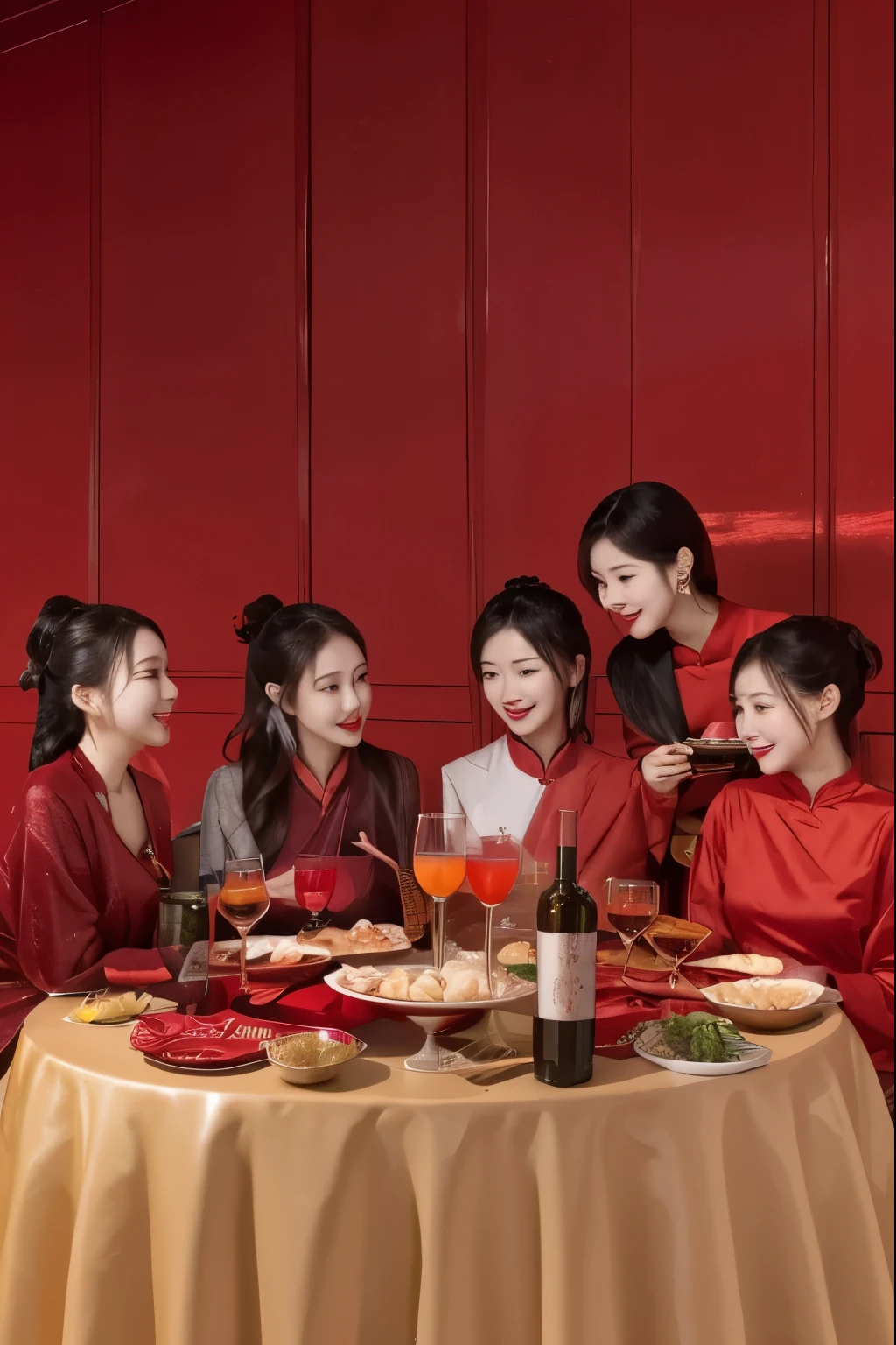 there are many people sitting at a table，拿着liquor杯，Pop，Sisters dinner，Warm and convivial atmosphere，Tang quor，red color theme，red mood in background