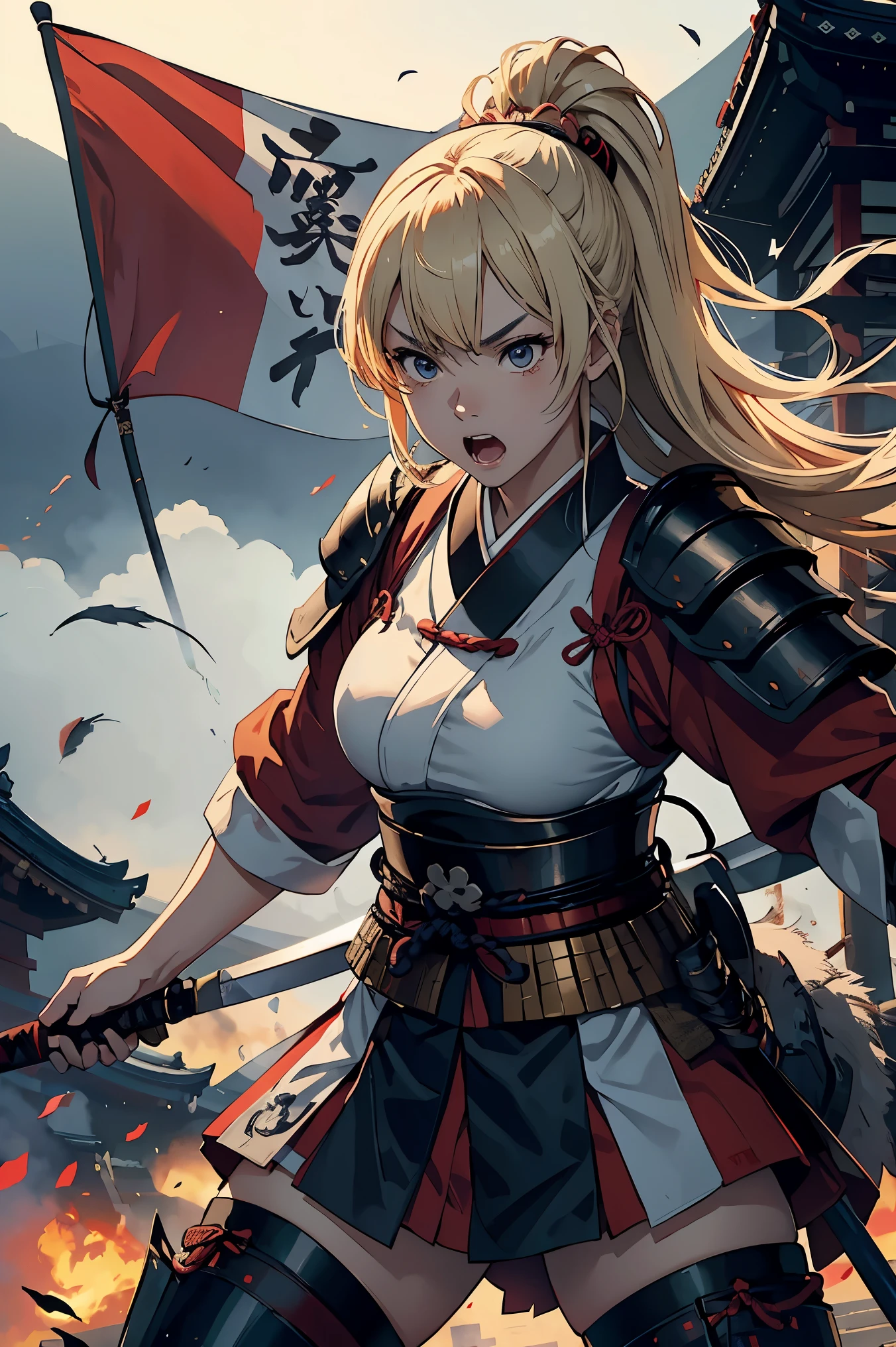 carrying a sword,samurai girl,blonde,wide open eyes,anger,scream,Japanese armor,Japanese helmet,japanese clothing,flag,Wolf smoke,A large group of soldiers with spears in their hands,samurai,Background of the old Japan,city,war,military,knife,
