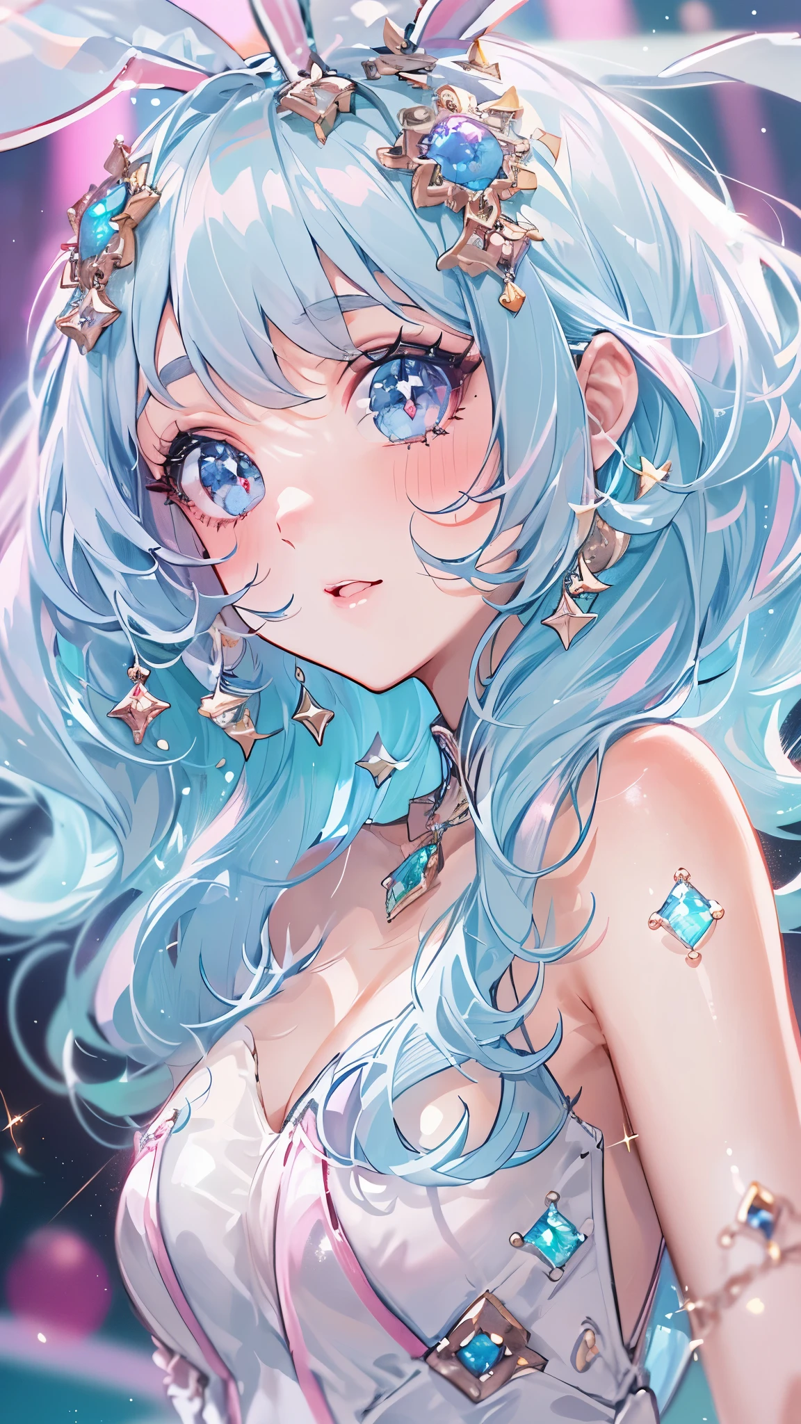 (Best Quality:1.3),4K,8K,8K Portrait,16 K,(masutepiece:1.2),1girl in,Solo,(maximalism:1.5),opal,ultra-detailliert,absurderes,(very detailed beautiful face and eyes:1.3),
(Highly detailed beautiful hair:1.3),delicate composition, (Full body:1.5),(full-length figure:1.5),
Super cute girl,(Medium Hair:1.4),Pink eyes,light blue eyes,(Pink hair:1.2),(Light blue hair:1.4),(Playboy Bunny:1.6),(Jewelry Hair Ornaments:1.3),
(jewelry eyes:1.3),(Eyelashes:1.2),(symbol in eyes:1.3),(hight resolution, Twinkle,Glitter,Lens Flare,light Particle,Shining:1.3),(Cute:1.5),