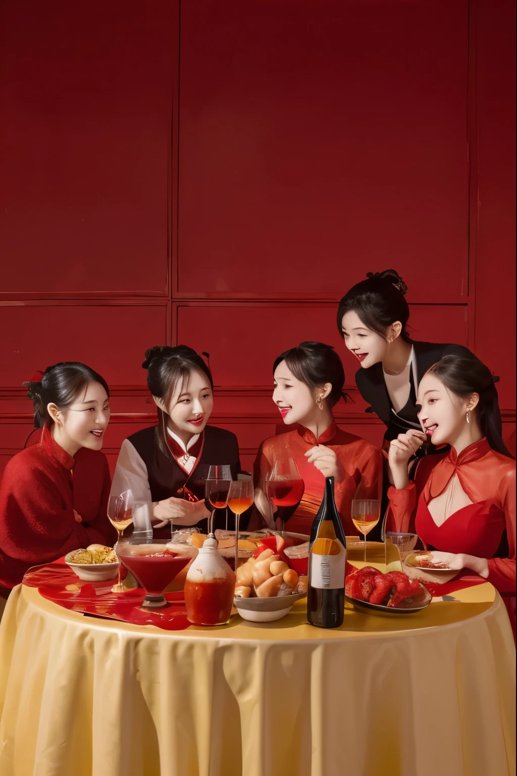 there are many people sitting at a table，拿着liquor杯，Pop，Sisters dinner，Warm and convivial atmosphere，Tang quor，red color theme，red mood in background