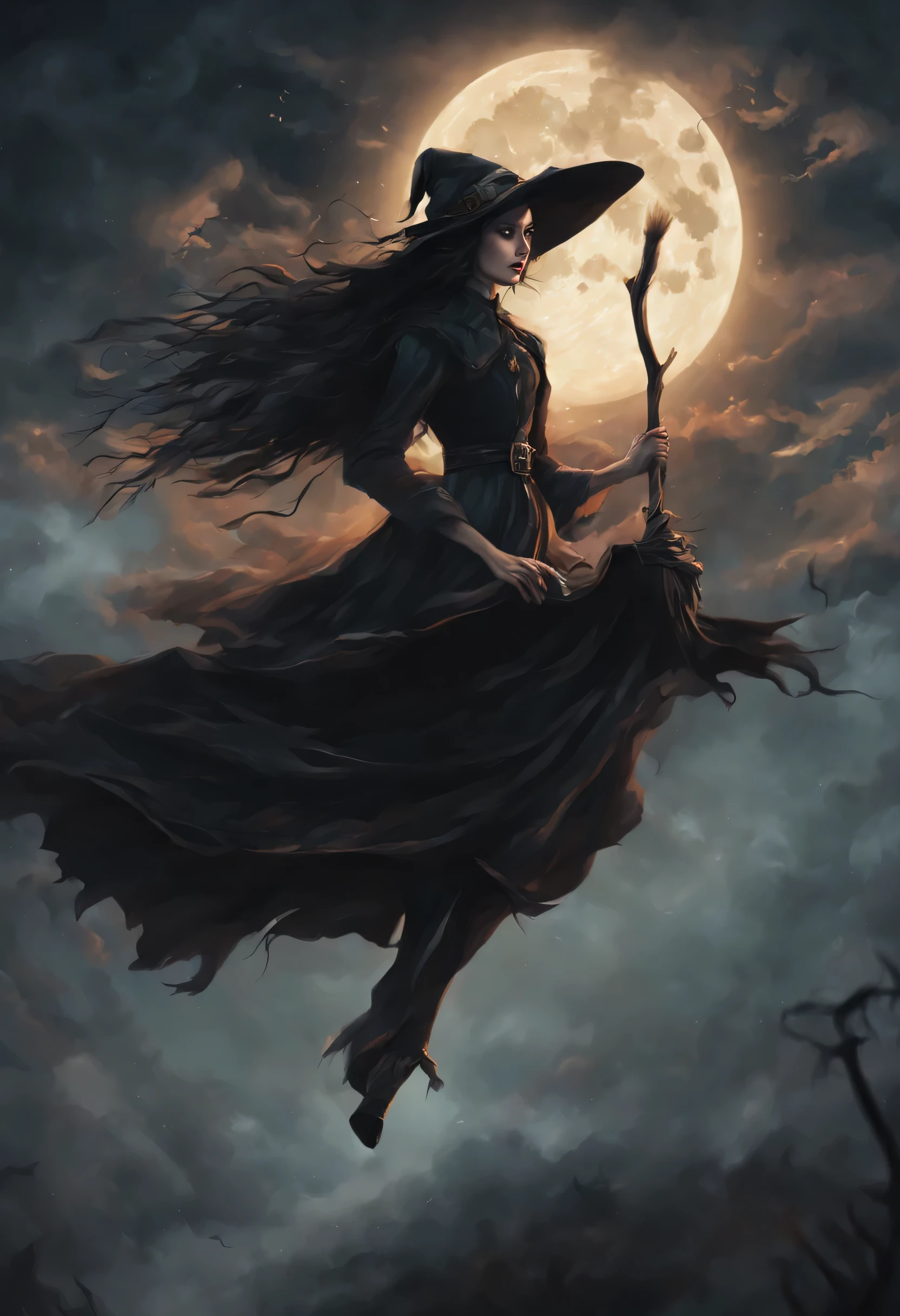 "(best quality,highres,realistic:1.37),scary witches flying on broomsticks, tense race above a cloud and thunderstorm-filled night sky, swirling ring of magic at the end, lightning outlining the course, full moon, mystical atmosphere, dramatic lighting, dark and eerie colors, witch hats and capes, hair flowing in the wind, intense expressions on their faces, intense focus and determination, broomsticks hovering in the air, crackling energy surrounding the broomsticks, ominous thunder and lightning, moonlight casting eerie shadows, mystical symbols in the sky, gusts of wind swirling around the witches, flying at high speed, competing for victory, anticipation and excitement, adrenaline-filled race, intense competition among witches, a thrilling and dangerous challenge, the world below disappearing in the darkness, stars twinkling in the night sky, the howling of the wind, clouds swirling ominously, wisps of fog adding to the eerie atmosphere, a sense of magic and mystery in the air."