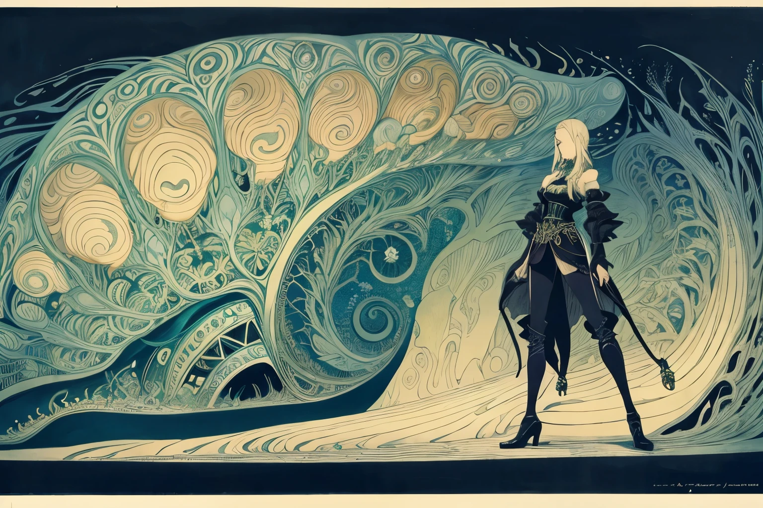 Kay Nielsen, Józef Mehoffer, Surreal, mysterious, strange, fantastical, fantasy, Sci-fi, Japanese anime, dachshund long-distance bus, snail taxi, coral house, miniskirt beautiful girl, perfect voluminous body, detailed masterpiece