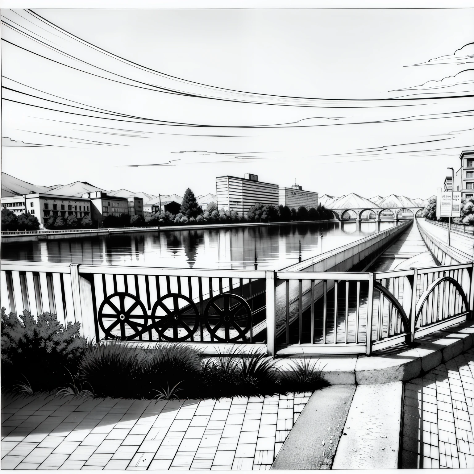 (masterpiece, best quality:1.2), (line drawing), ((monochrome)), You can see the river and the bridge from the top of the bridge., sakimichan hdri, Wide-angle river, beautiful iwakura, river in the background, Street view, Photographed with Sony α9, next to the river, Detailed Landscape - Width 672, panoramic view